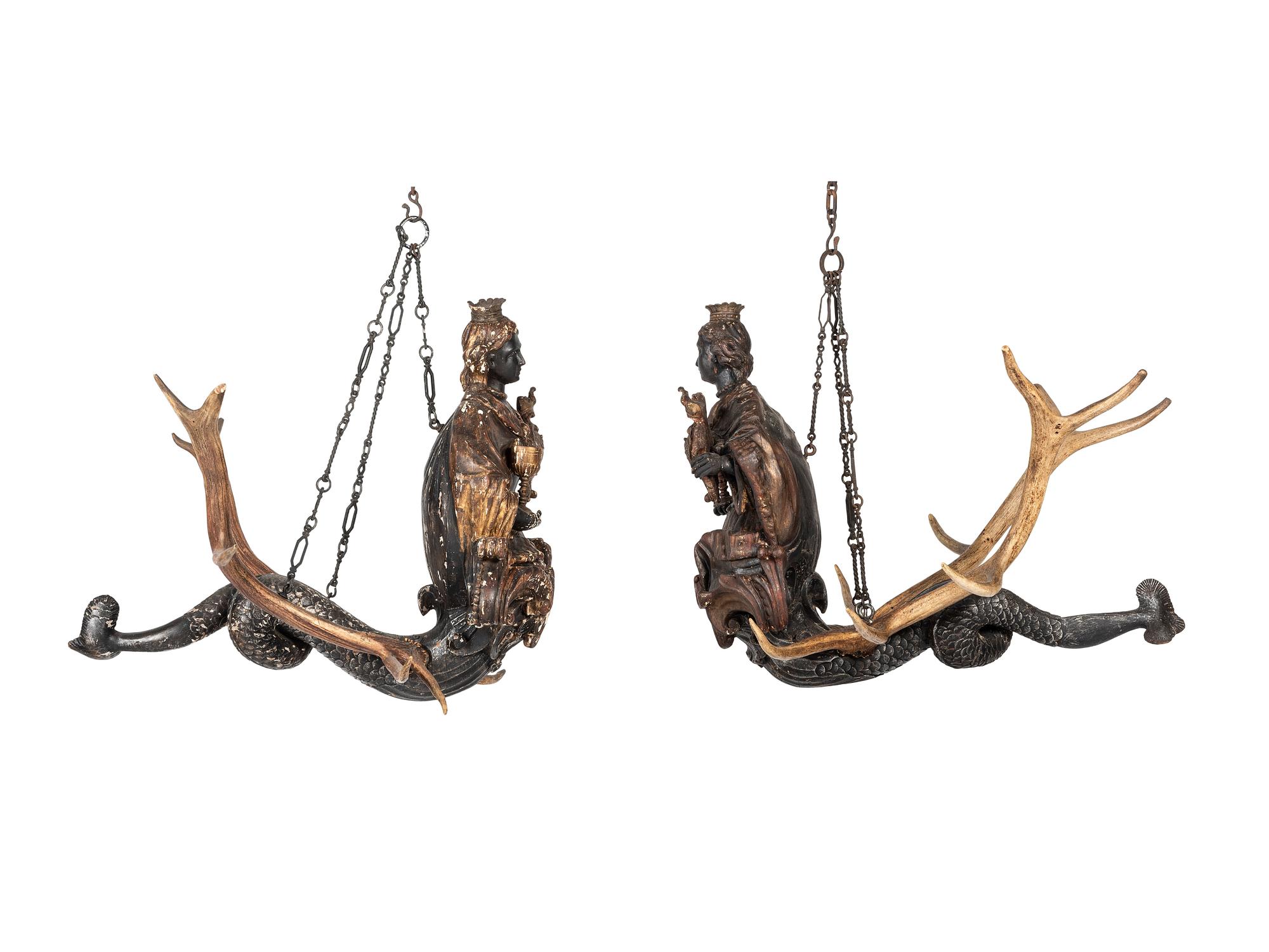 A Pair of Painted Wood and Antler-Mounted Lusterweibchen Chandeliers