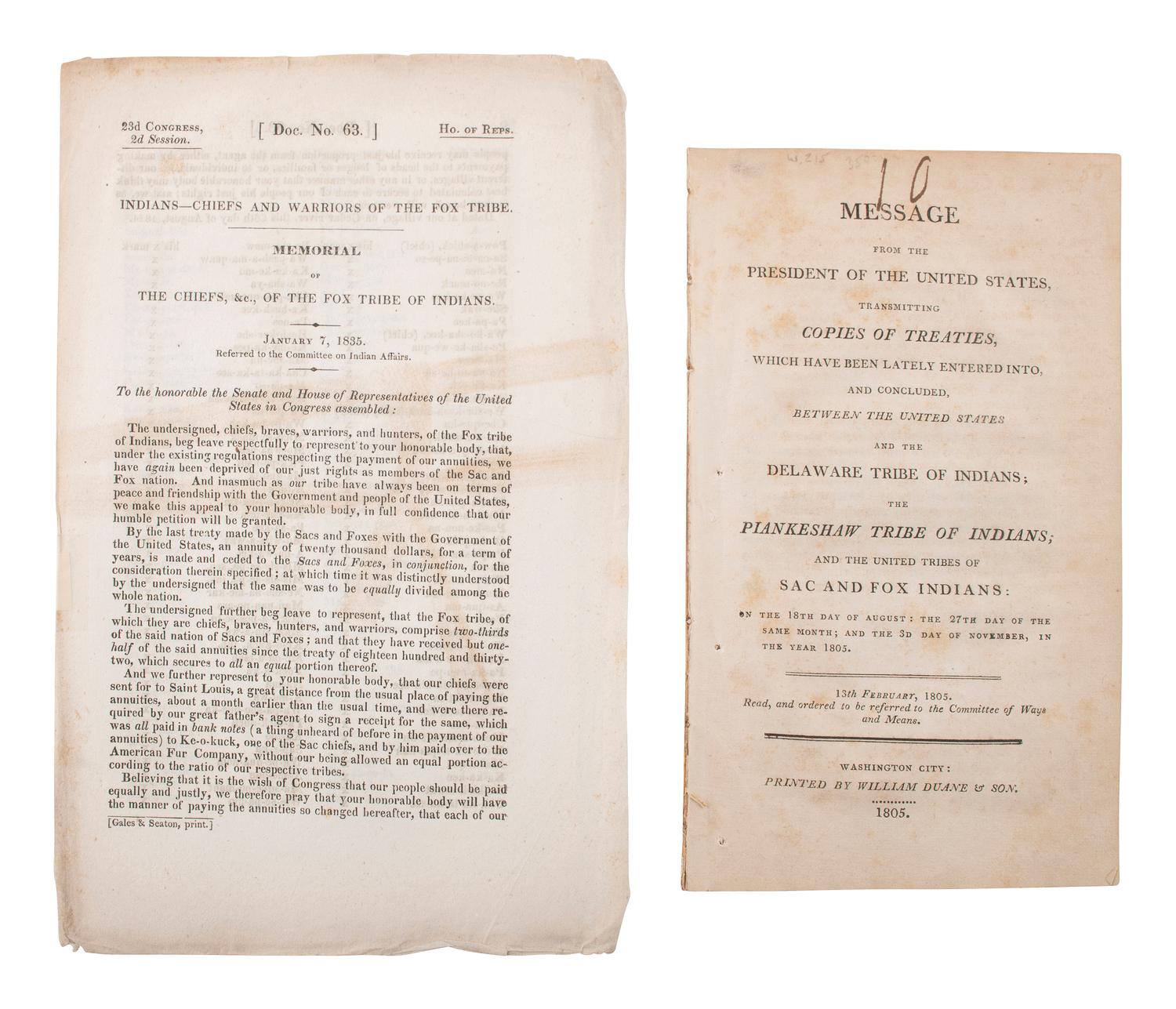 [NATIVE AMERICANS]. 2 pamphlets for treaties with the Delaware, Piankeshaw, and Sac & Fox.