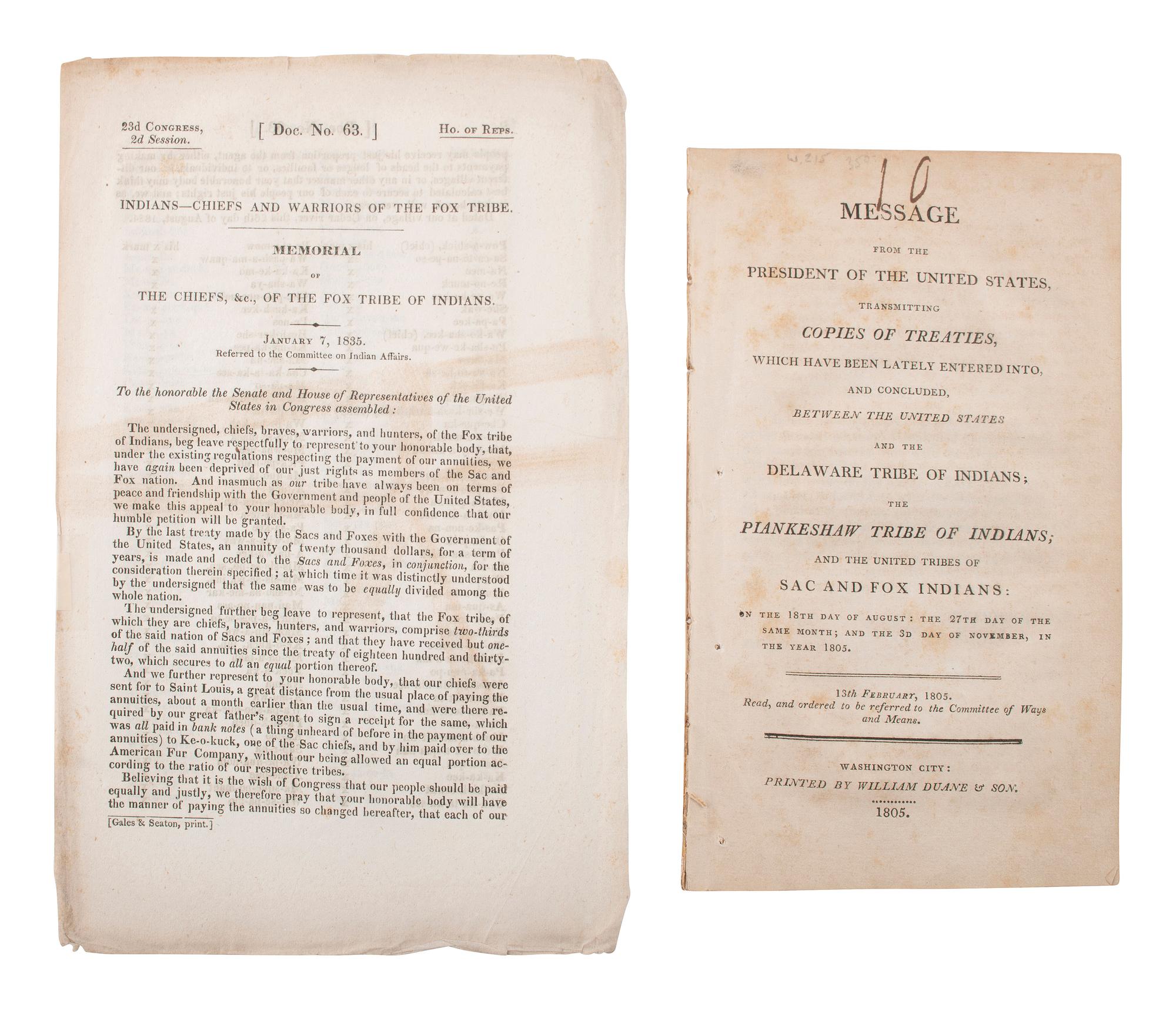 [NATIVE AMERICANS]. 2 pamphlets for treaties with the Delaware, Piankeshaw, and Sac & Fox.