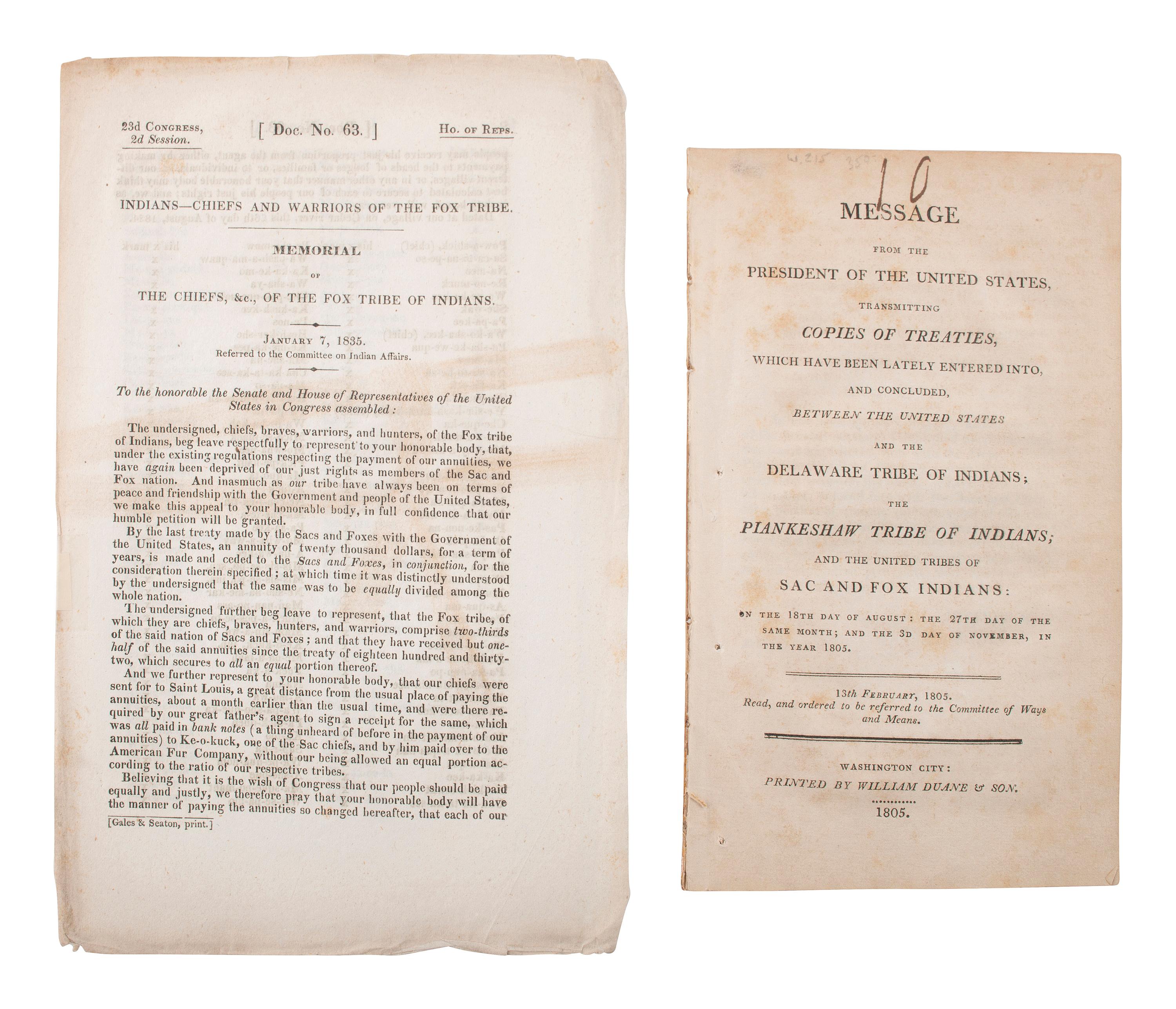 [NATIVE AMERICANS]. 2 pamphlets for treaties with the Delaware, Piankeshaw, and Sac & Fox.