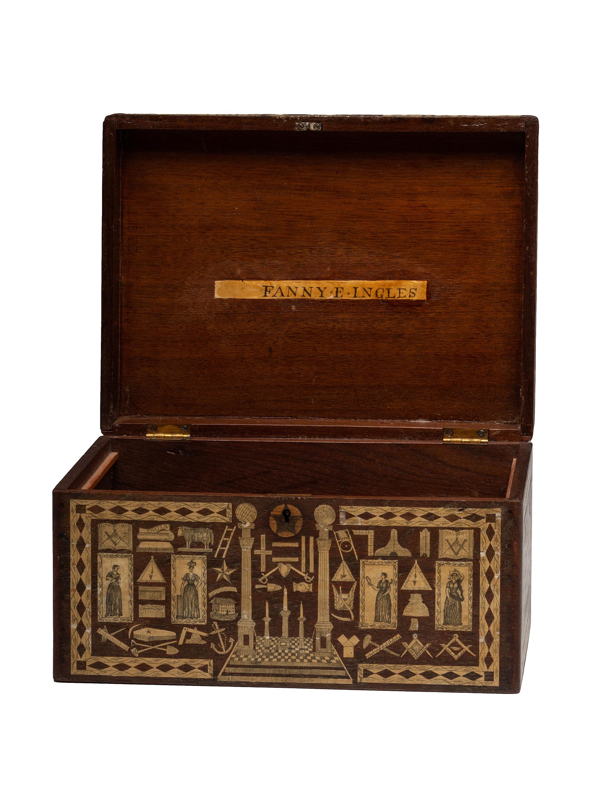 An American Scottish Rite Masonic-Decorated Sulphur Inlaid and Penwork Walnut Cash Box