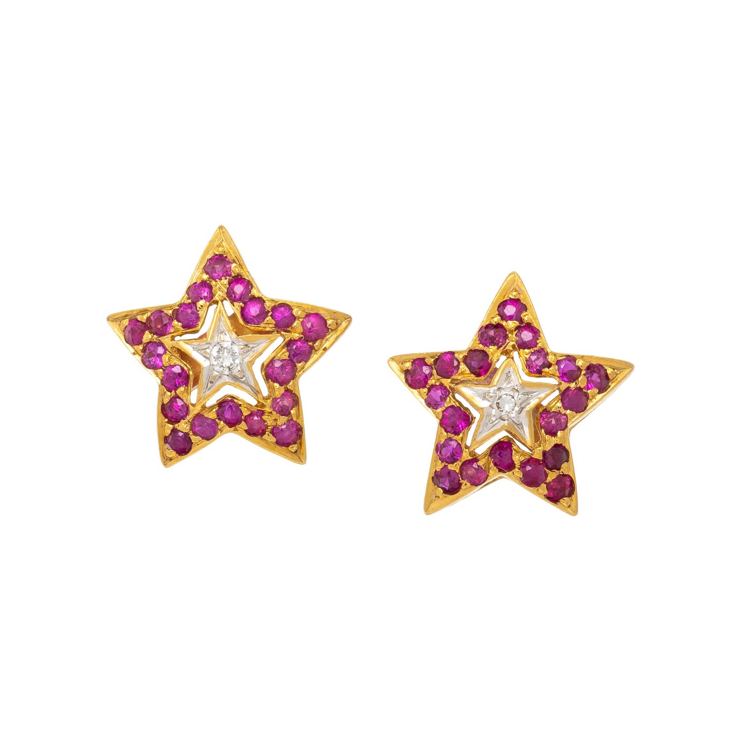 RUBY, DIAMOND, AND YELLOW GOLD STAR STUD EARRINGS