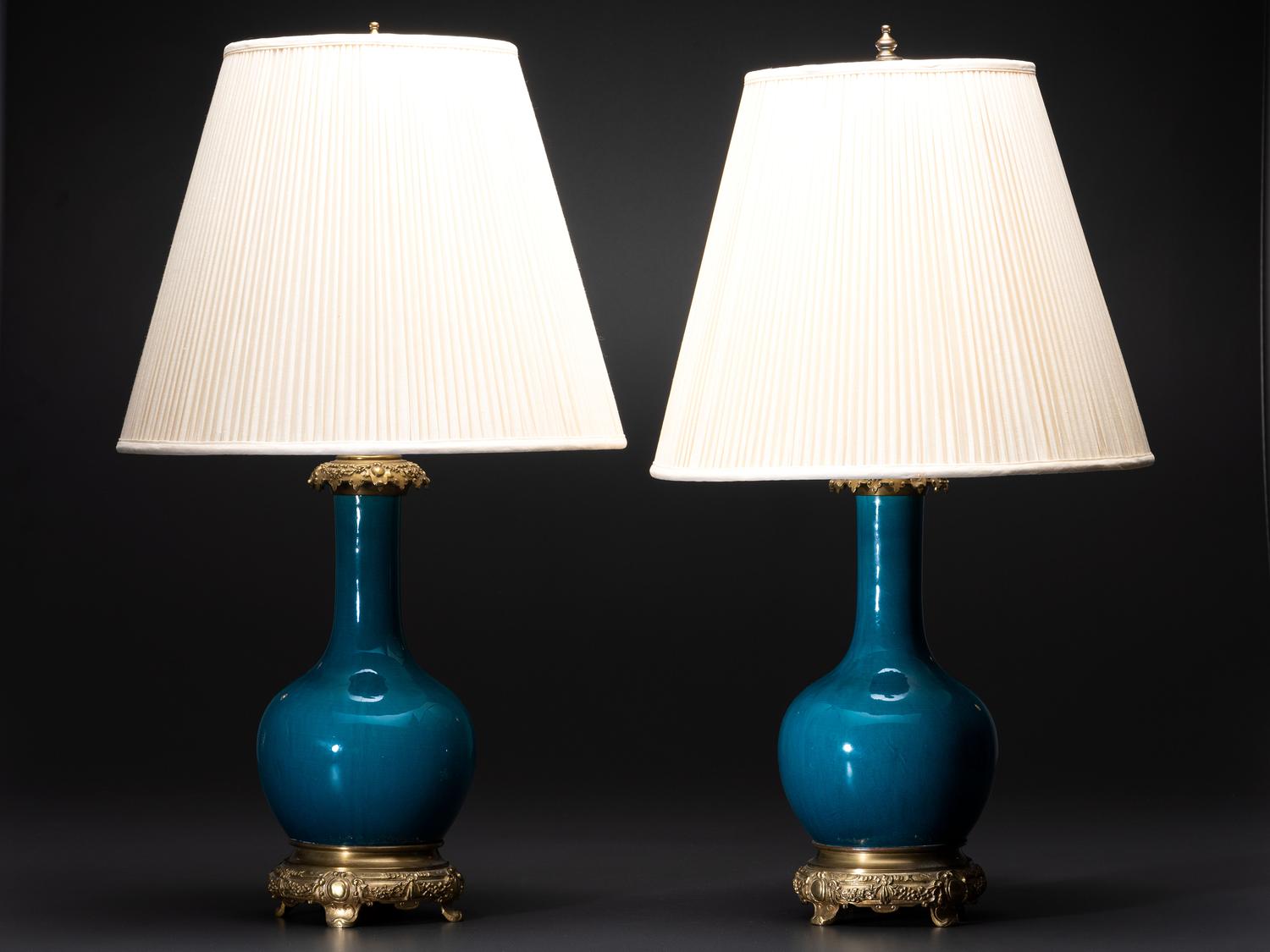 A Pair of Chinese Porcelain Bottle Vase Table Lamps with Bronze Mounts