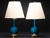 A Pair of Chinese Porcelain Bottle Vase Table Lamps with Bronze Mounts