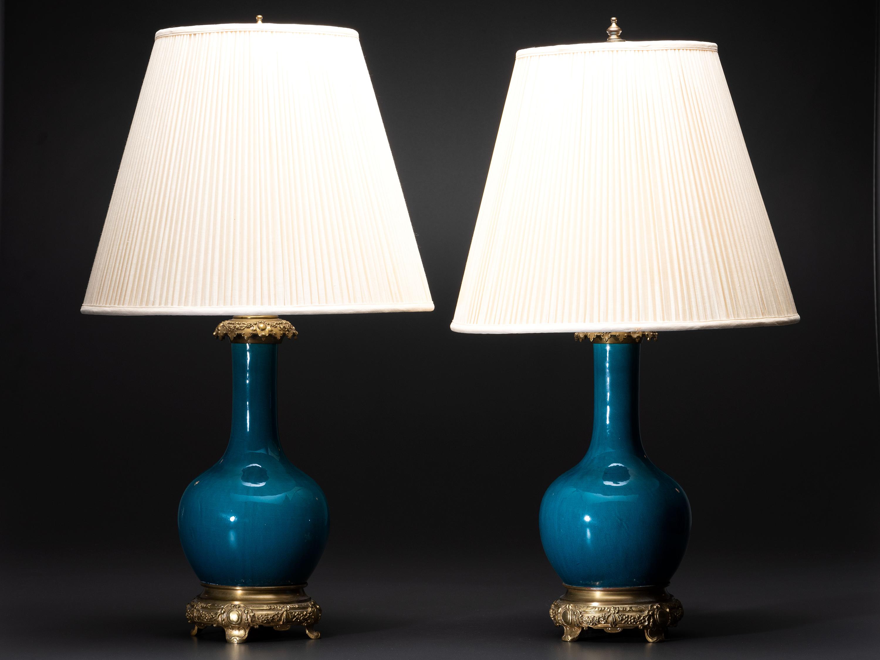 A Pair of Chinese Porcelain Bottle Vase Table Lamps with Bronze Mounts