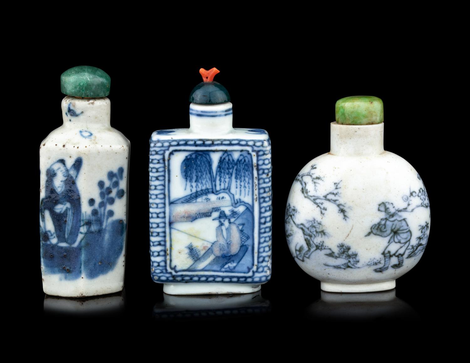Three Chinese Blue and White Porcelain 'Figures' Snuff Bottles