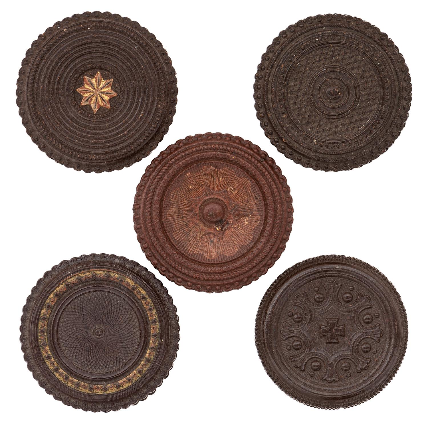 [EARLY PHOTOGRAPHY - UNION CASES]. A group of 10 brown "oreo" union cases containing portraits of male subjects, including: