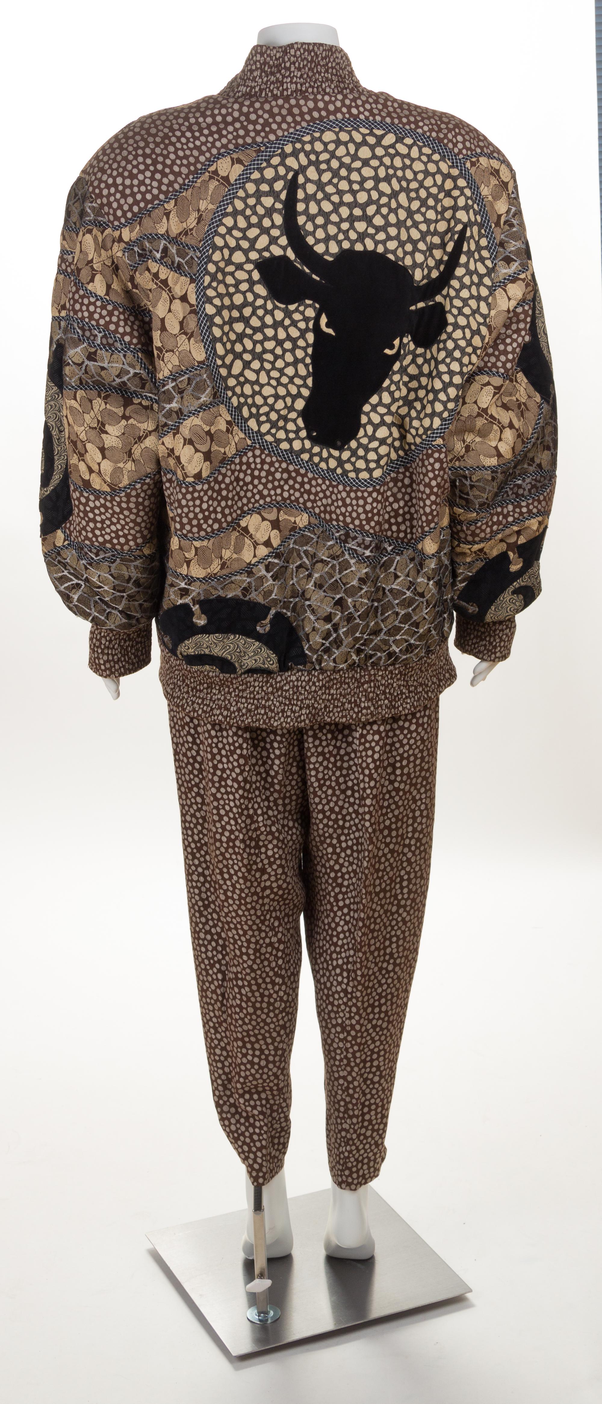 A Koos Brown Pattern Jacket and Pant Ensemble, Pant size small.