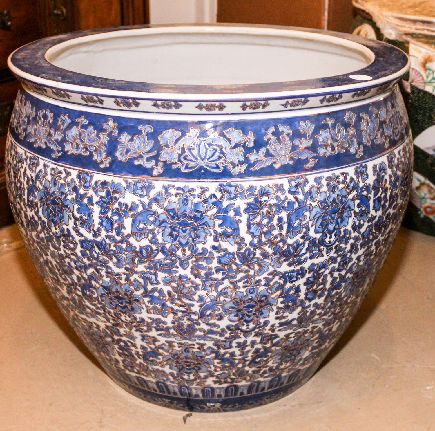 A Large Gilt Decorated Blue Glazed Porcelain Fish Bowl Diameter 20 1/8 inches. — 20TH CENTURY