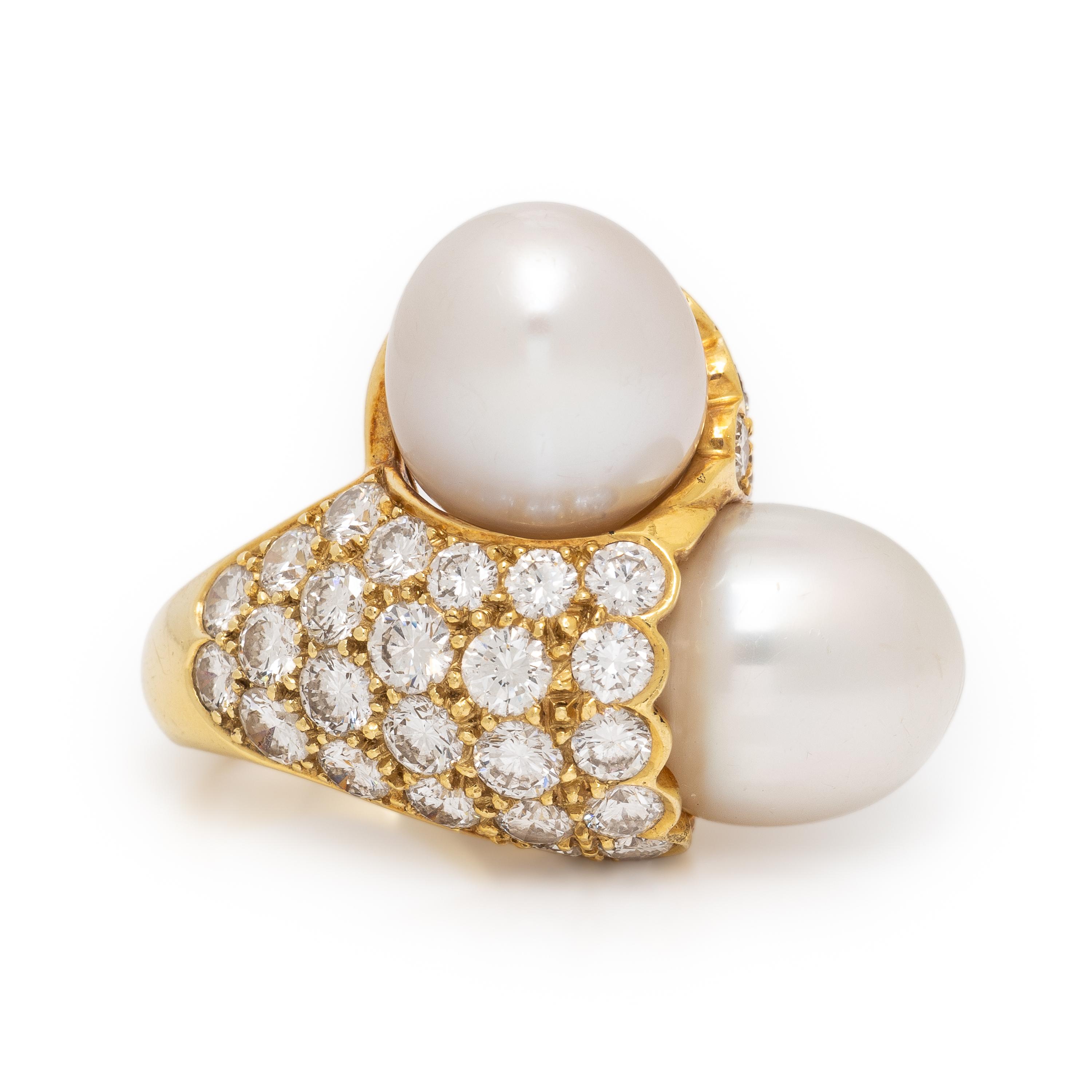 Cultured Pearl, Diamond, and Yellow Gold Bypass Ring