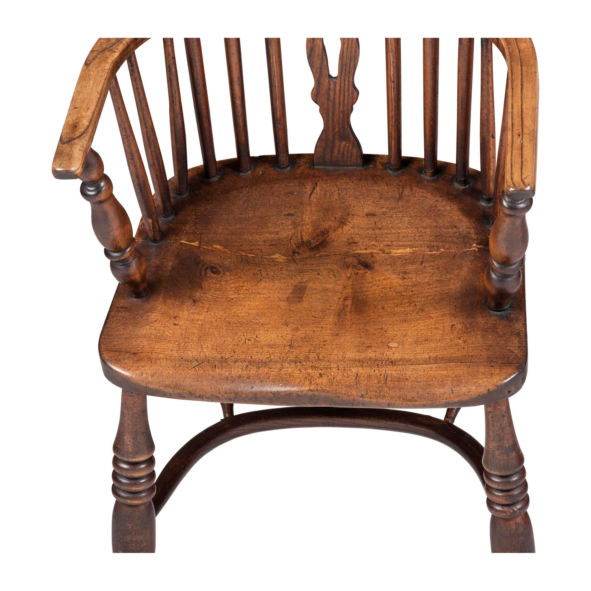 Two English Oak/Elm Carved Windsor Arm Chairs