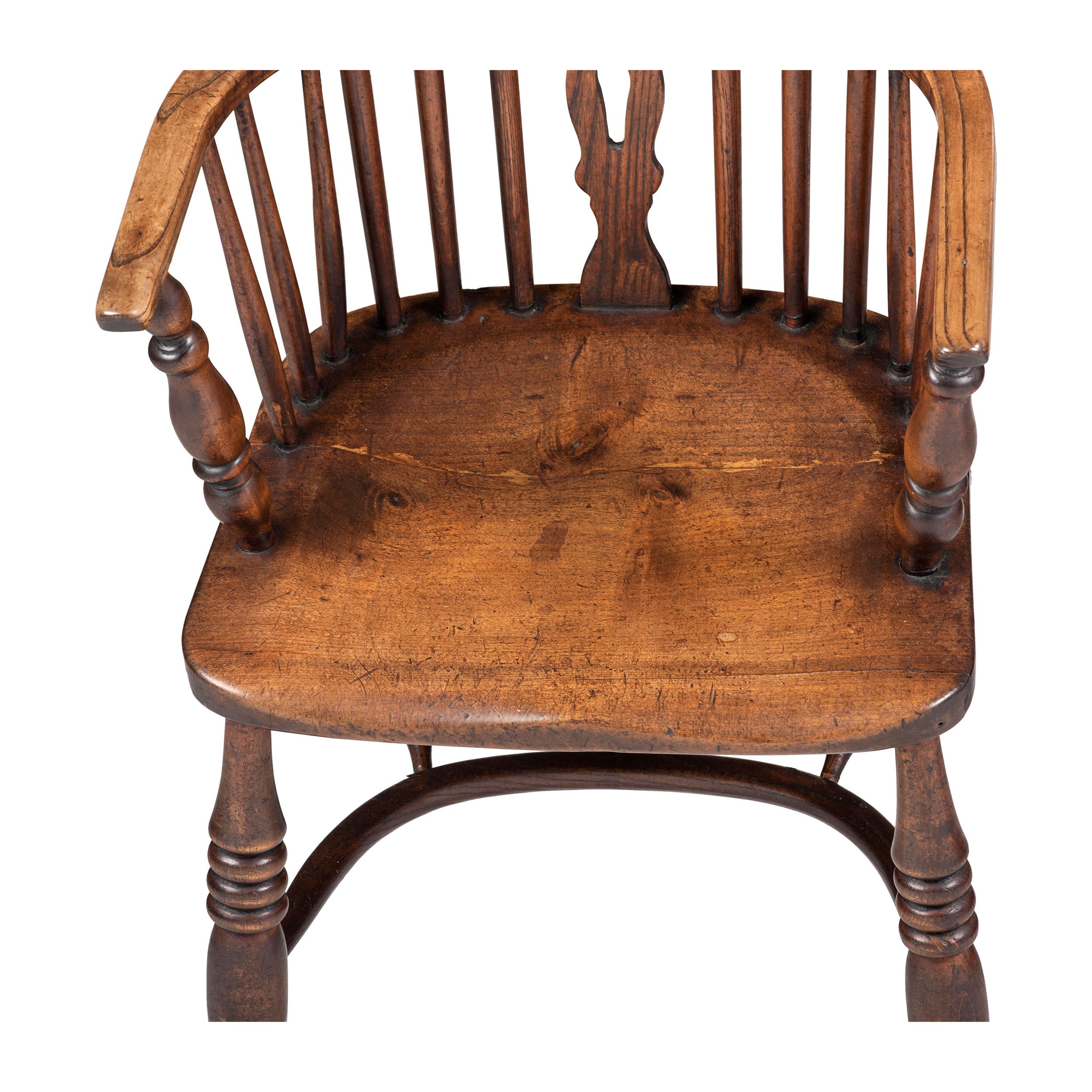 Two English Oak/Elm Carved Windsor Arm Chairs