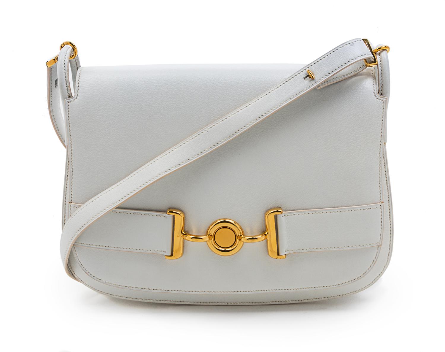 An Hermes White Leather Shoulder Bag, 11 x 8 x 2 inches.