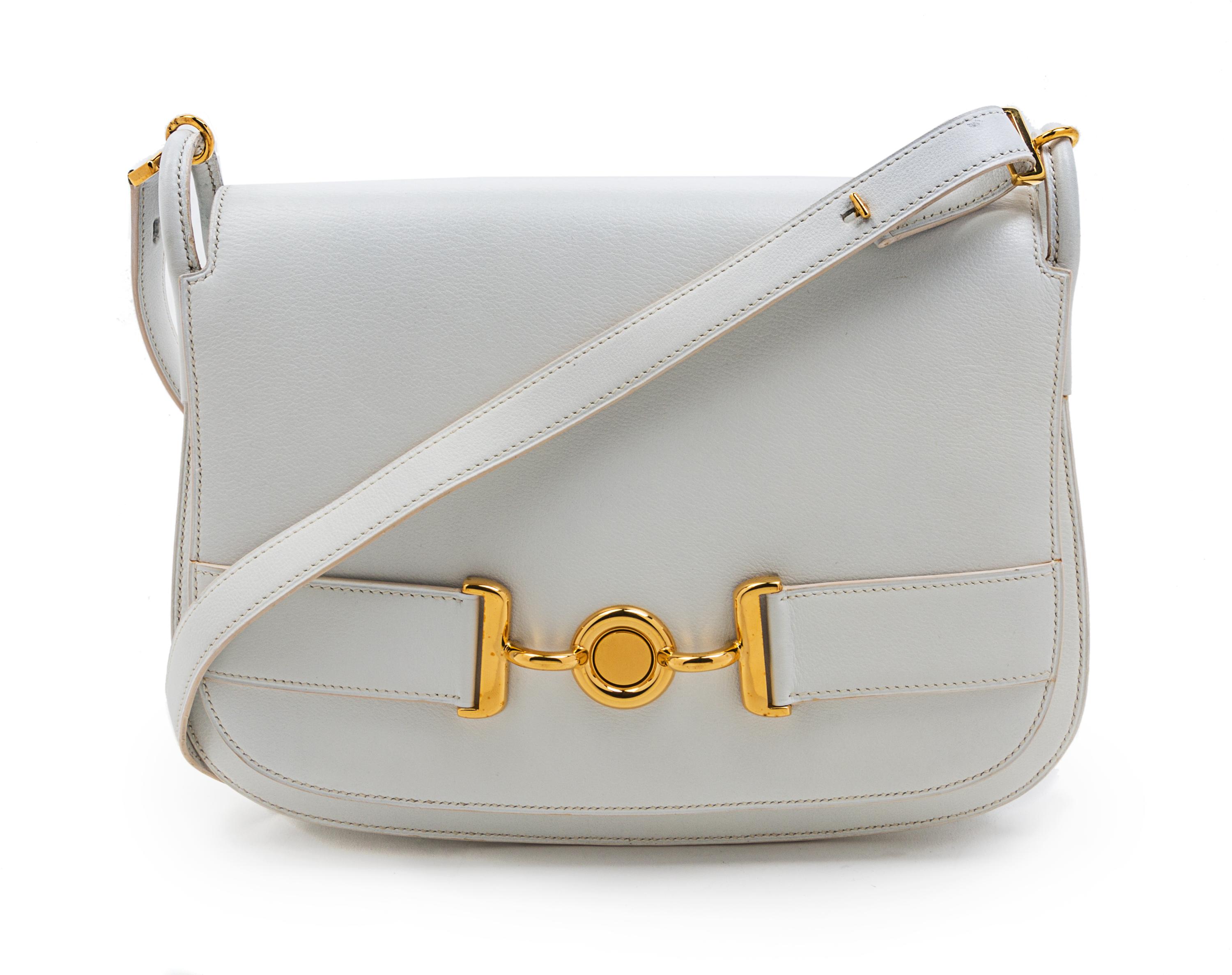 An Hermes White Leather Shoulder Bag, 11 x 8 x 2 inches.