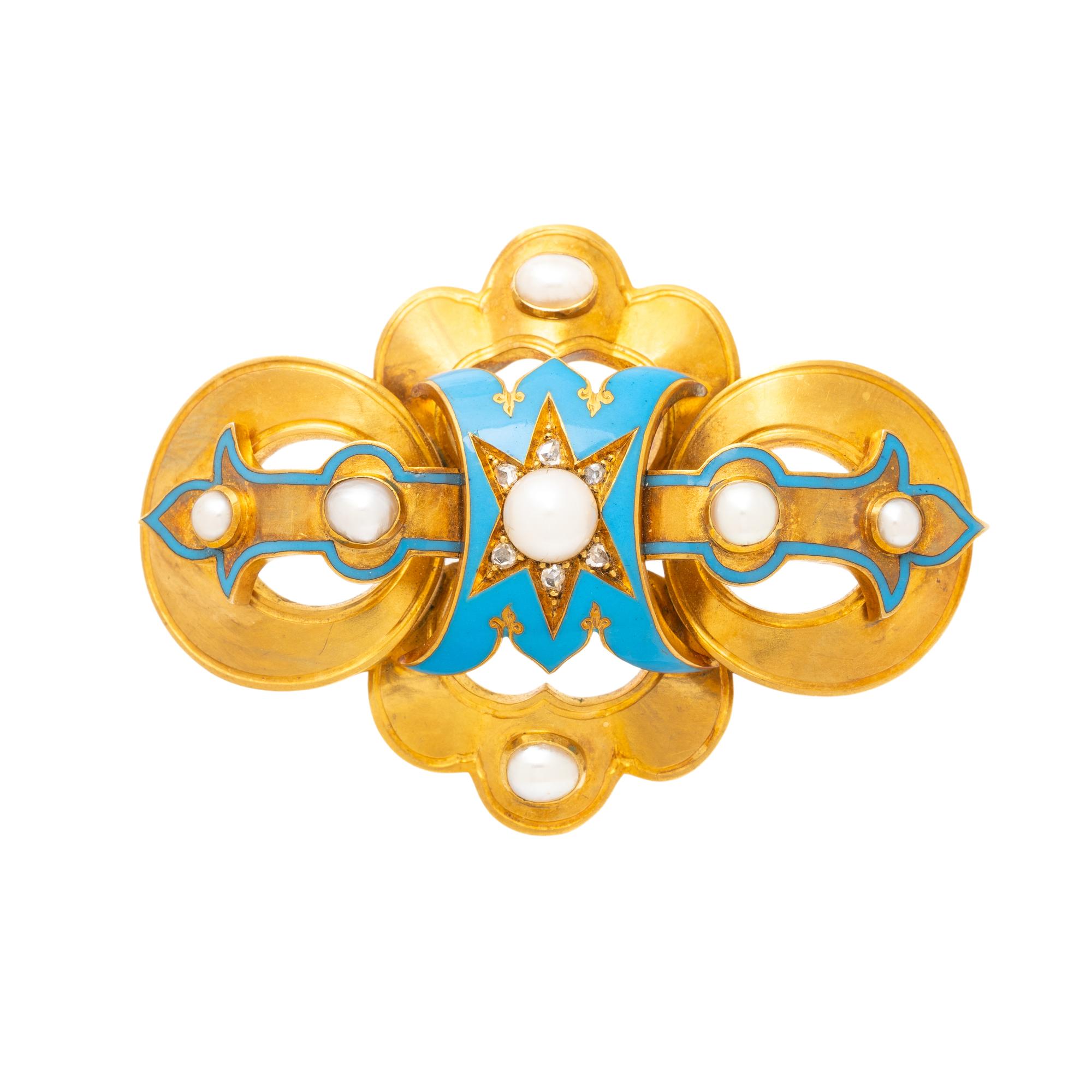 VICTORIAN, MABÉ PEARL, ENAMEL, DIAMOND, AND YELLOW GOLD BROOCH