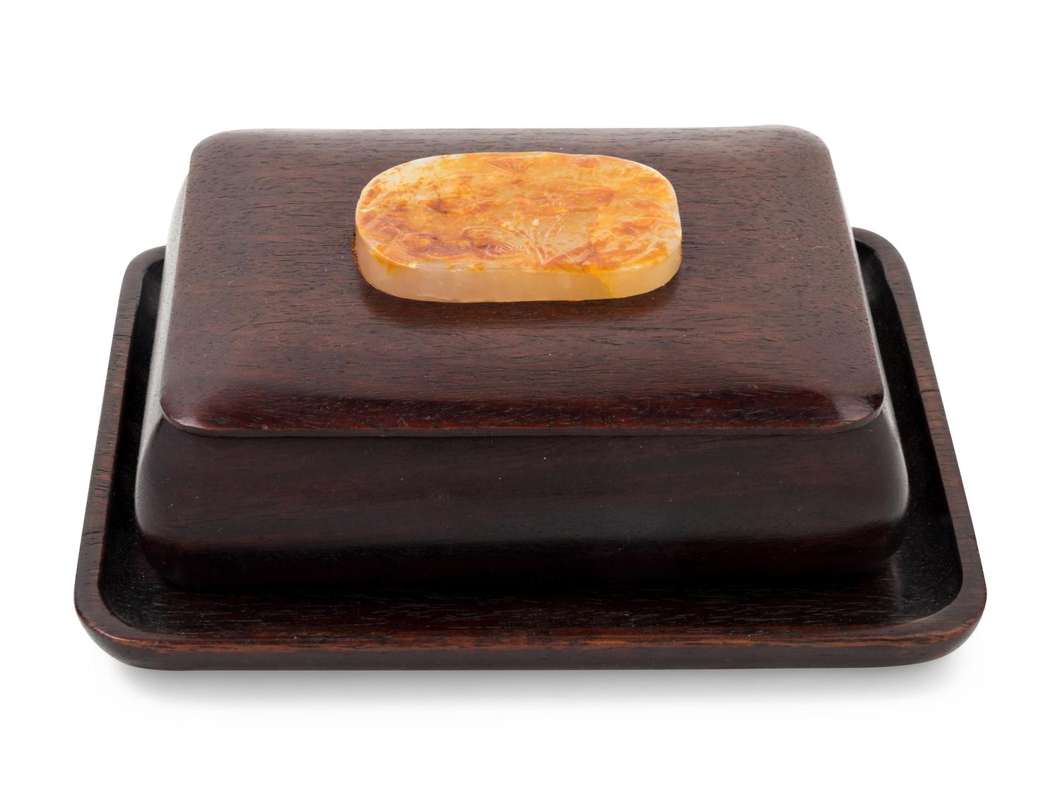 A Chinese Jade Inset Hardwood Box and Tray