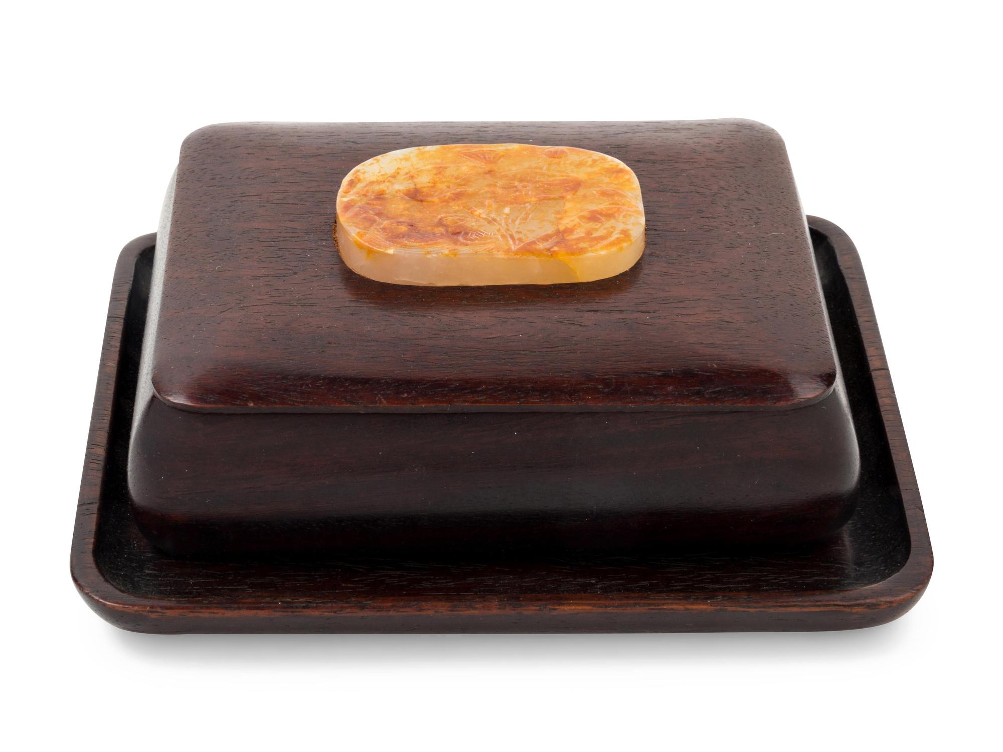 A Chinese Jade Inset Hardwood Box and Tray
