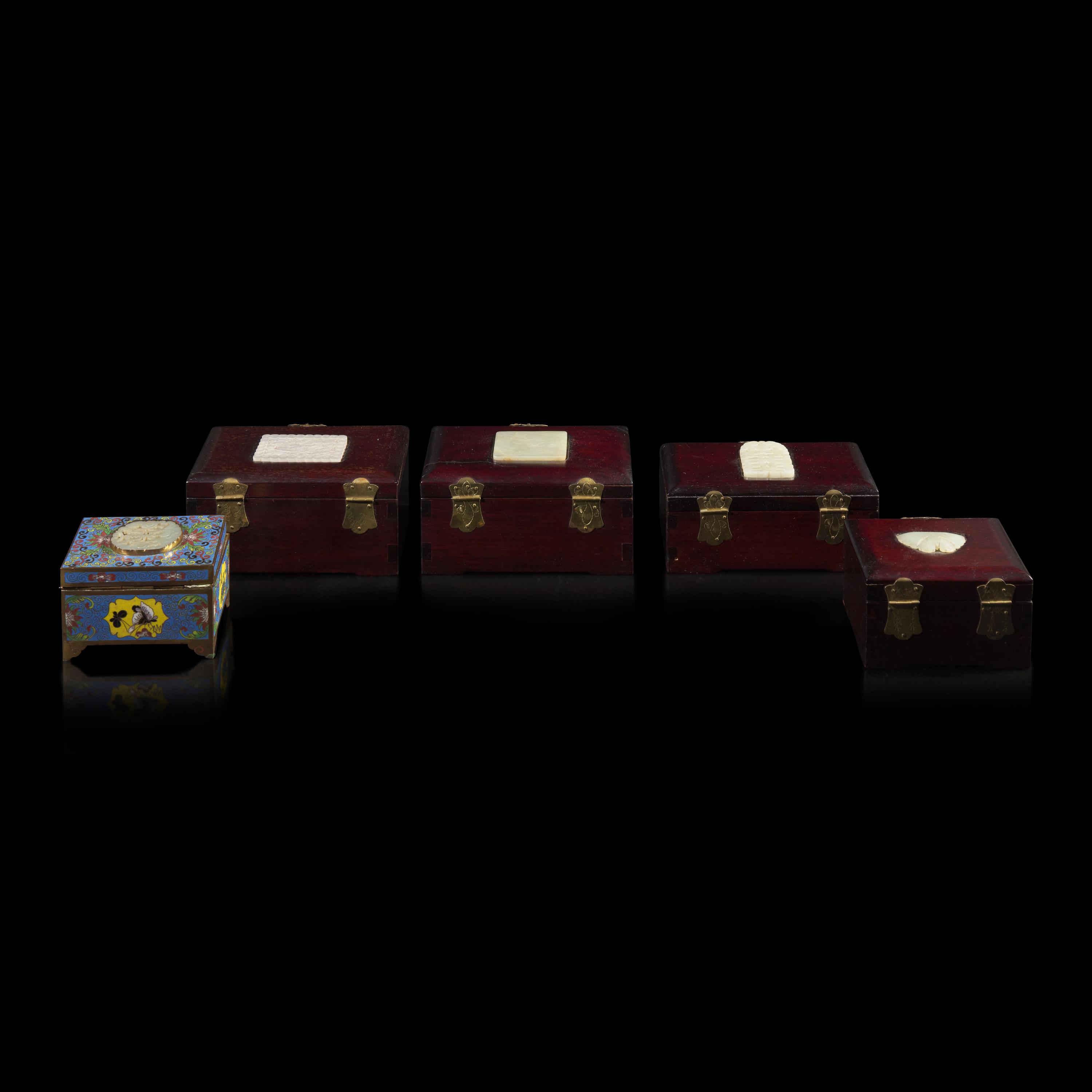 Seven Chinese Jade Inset Plaques and Boxes, Jade: 19th-Early 20th Century — 晚清-民國 掐絲琺琅、硬木嵌玉文房一組七件