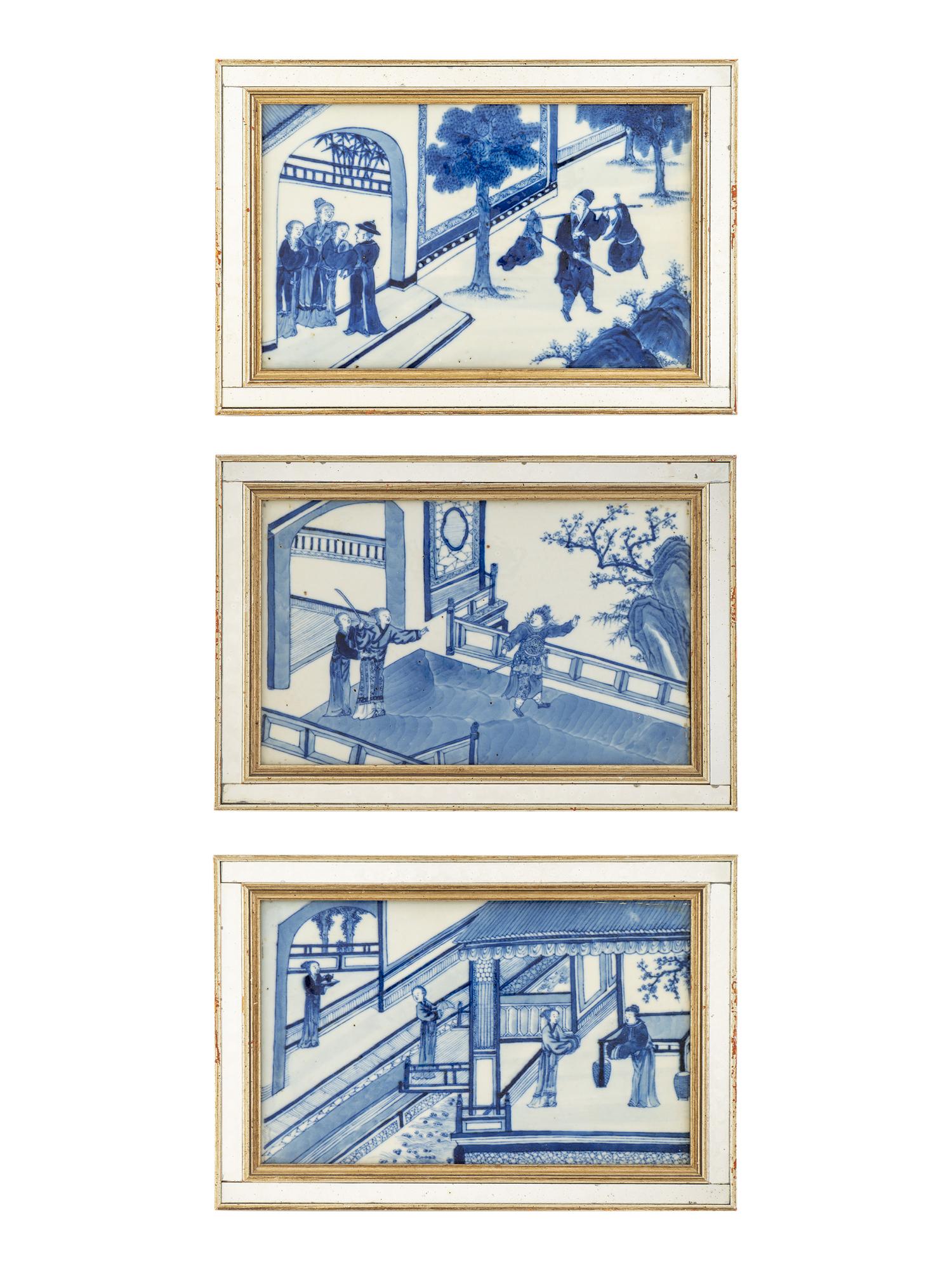 Three Chinese Export Blue and White Porcelain Tiles — KANGXI PERIOD (1661-1722)