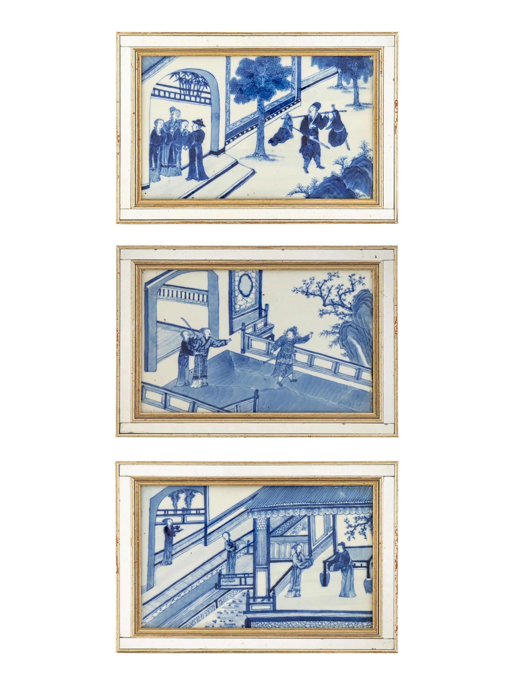 Three Chinese Export Blue and White Porcelain Tiles — KANGXI PERIOD (1661-1722)
