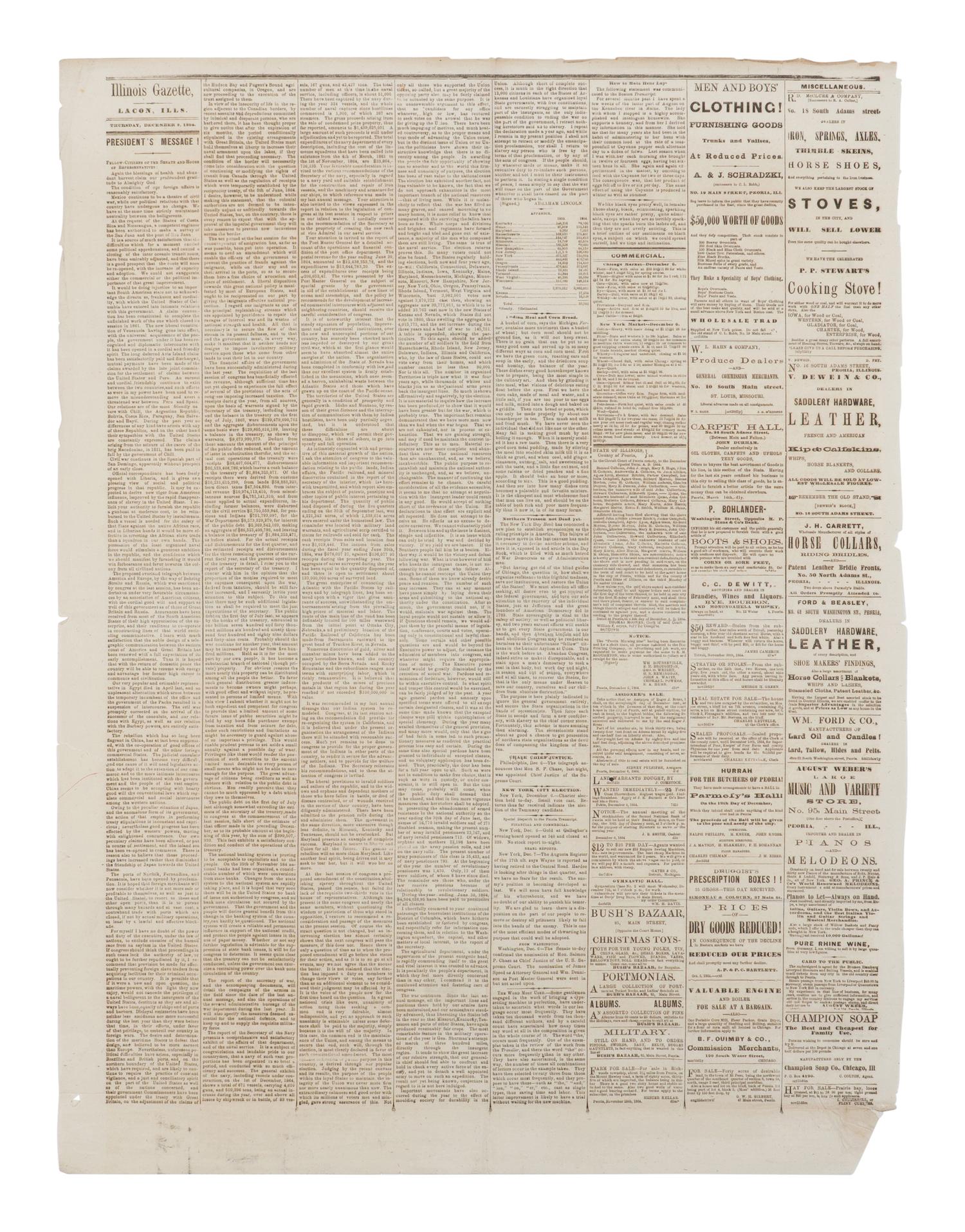 LINCOLN, Abraham (1809-1865). Illinois Gazette . Lacon, IL, 8 December 1864.