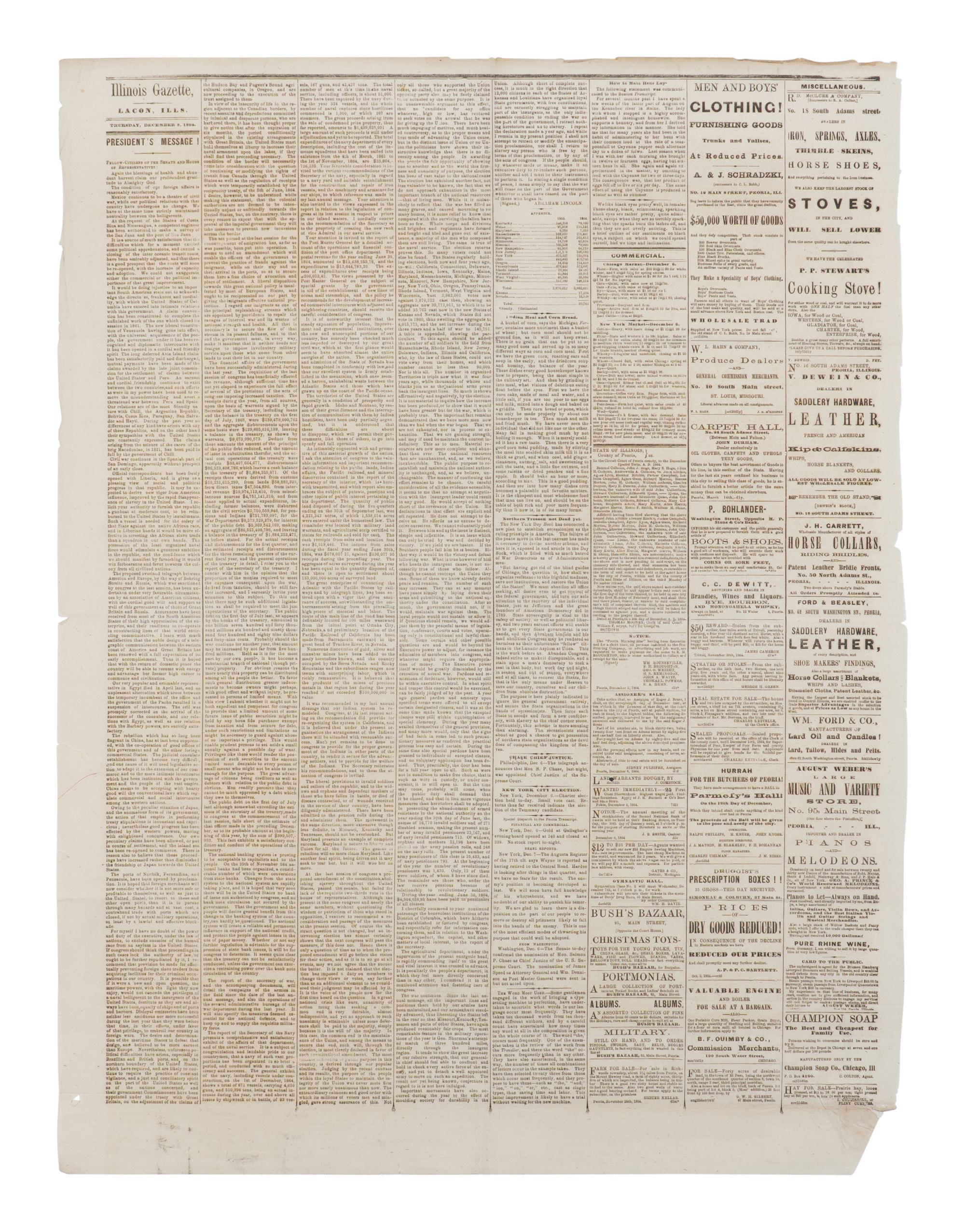 LINCOLN, Abraham (1809-1865). Illinois Gazette . Lacon, IL, 8 December 1864.