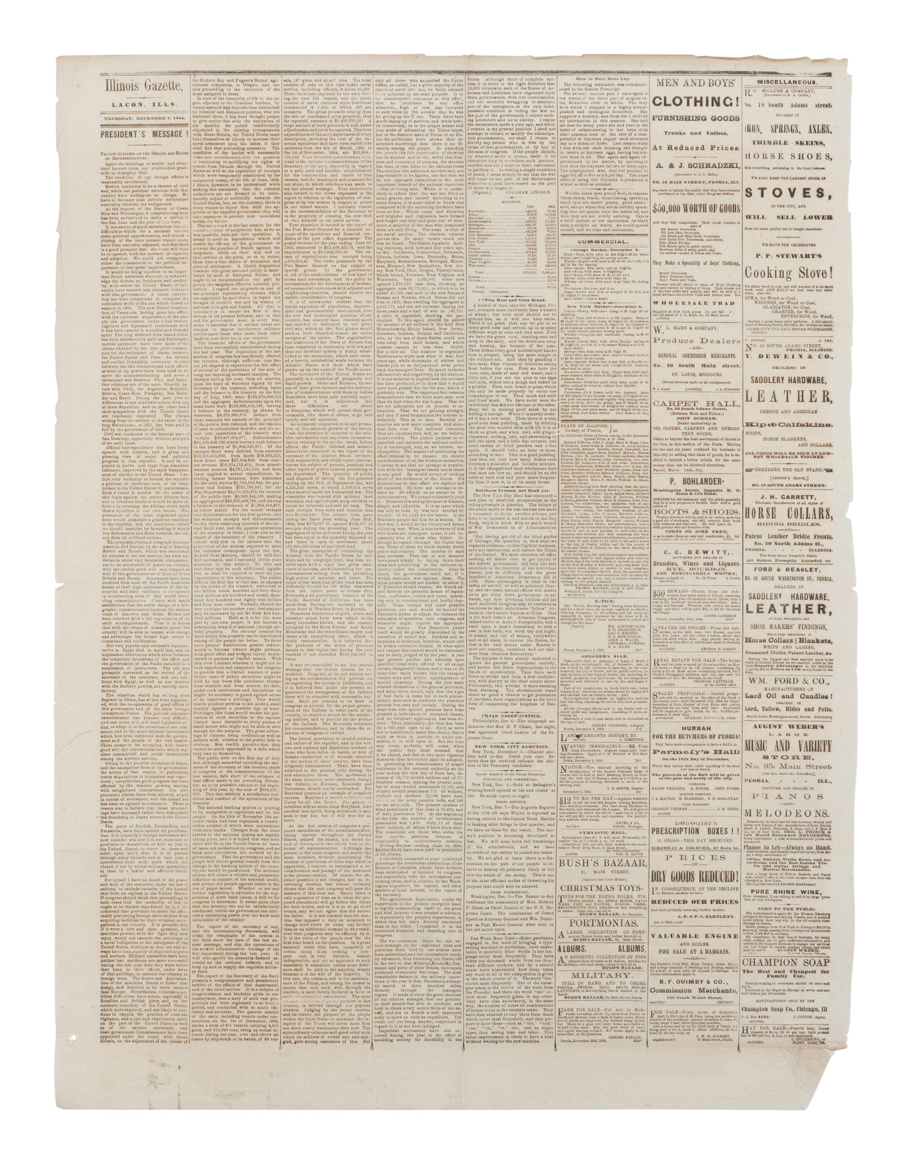 LINCOLN, Abraham (1809-1865). Illinois Gazette . Lacon, IL, 8 December 1864.