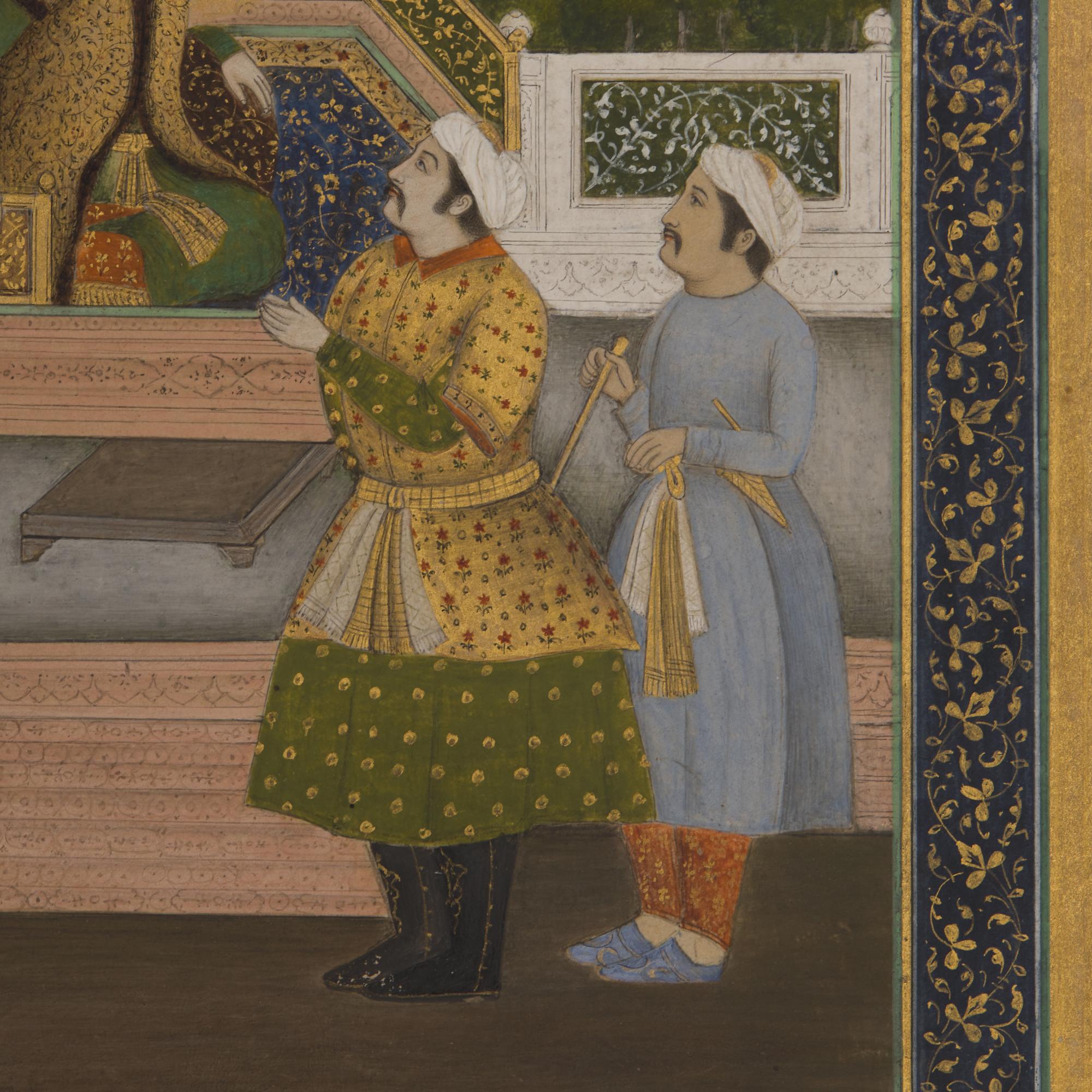 A Fine Mughal School Folio Painting of Emperor Jahangir with Four Courtiers, India, Lucknow, Uttar Pradesh or Delhi, First Half of 20th Century