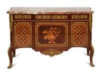 A Louis XV/XVI Transitional Style Gilt Metal Mounted Marquetry Marble-Top Commode