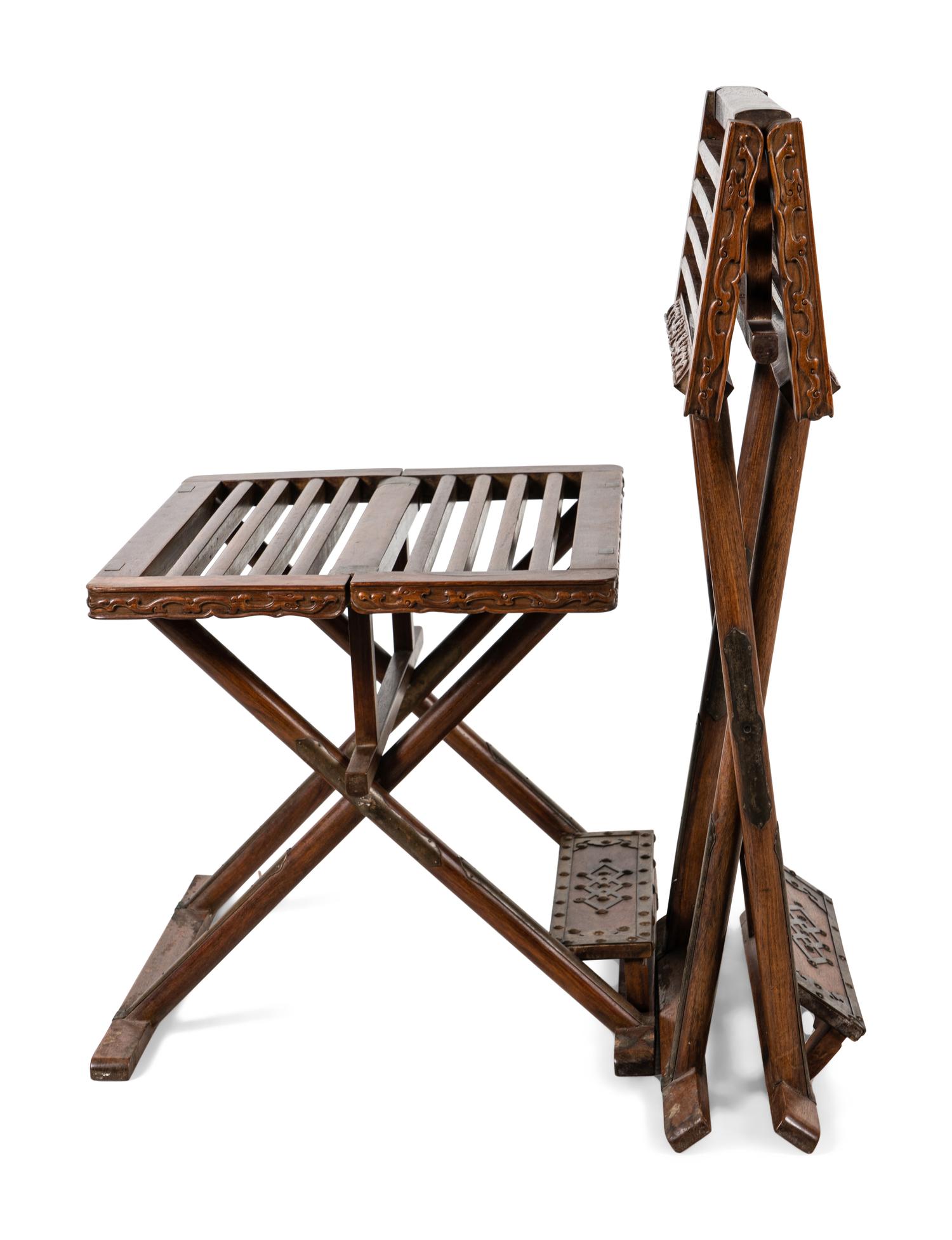A Pair of Huanghuali and Mixed Wood Folding Stools