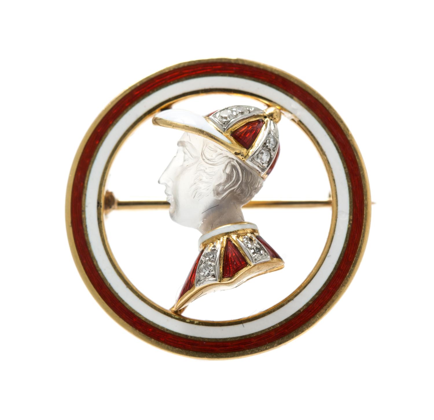 A Yellow Gold, Rock Crystal, Diamond and Polychrome Enamel Jockey Brooch, Italy, 4.80 dwts.