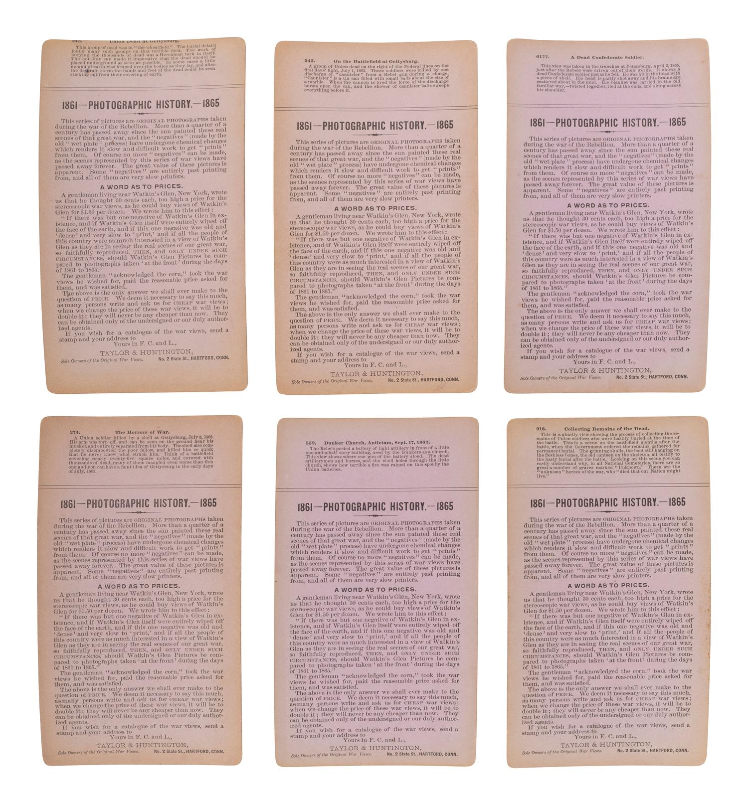 [CIVIL WAR]. A group of 12 stereoviews featuring Union and Confederate dead at Gettysburg, Antietam, and other battlefields. Hartford, CT: Taylor & Huntington, ca 1890s.