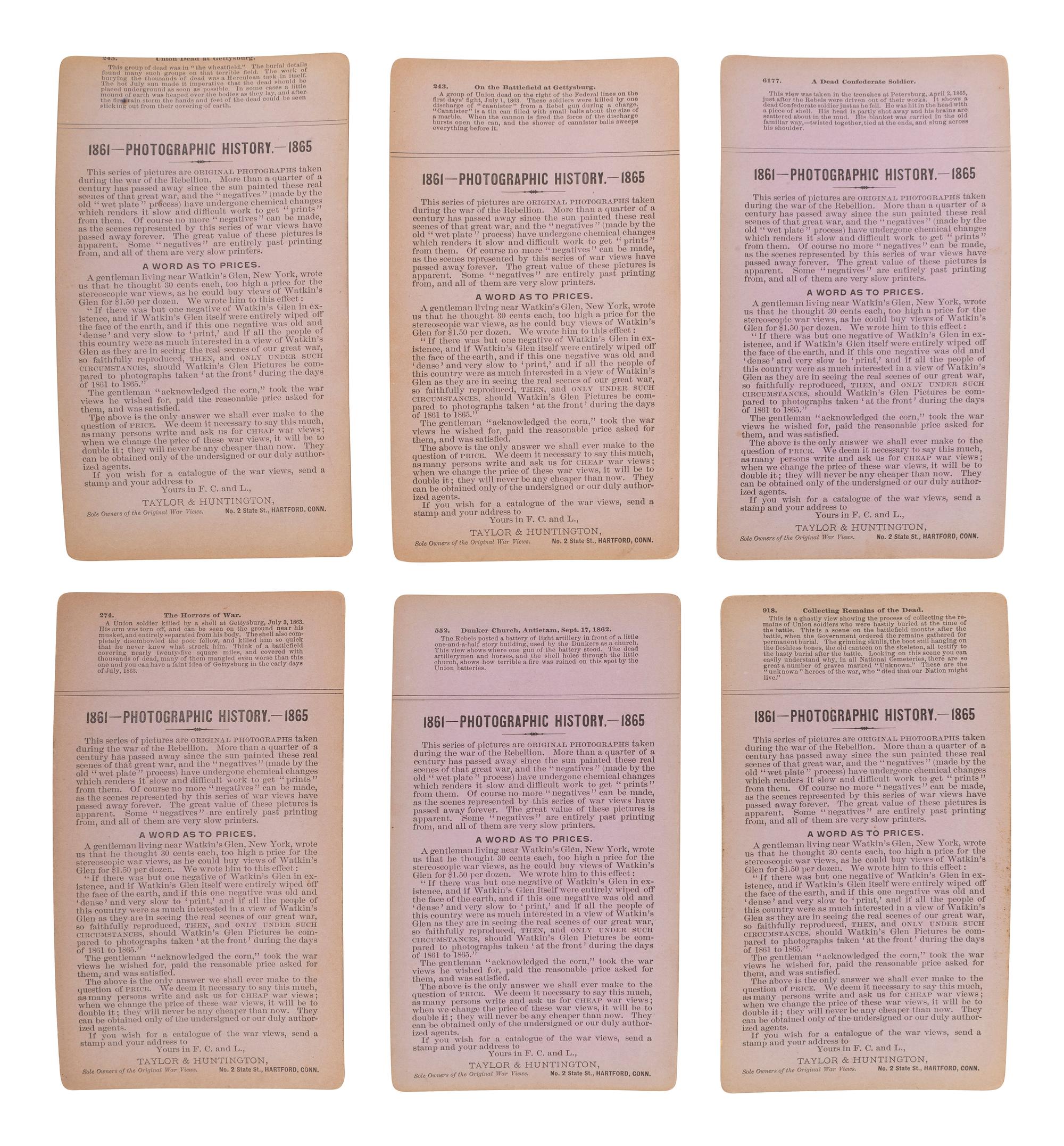 [CIVIL WAR]. A group of 12 stereoviews featuring Union and Confederate dead at Gettysburg, Antietam, and other battlefields. Hartford, CT: Taylor & Huntington, ca 1890s.