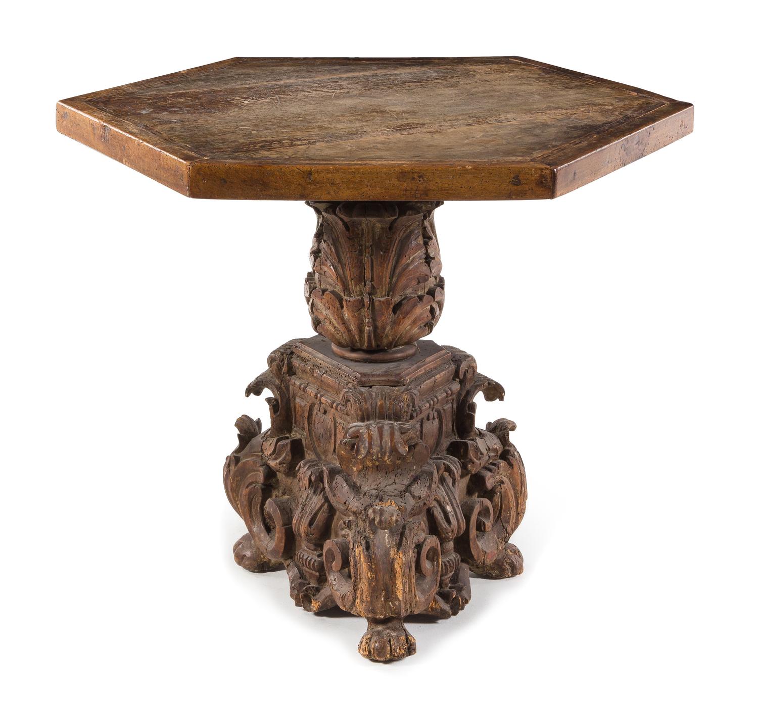 An Italian Baroque Carved Walnut Center Table Height 32 x width 34 1/8 x depth 34 1/8 inches. — 16TH CENTURY