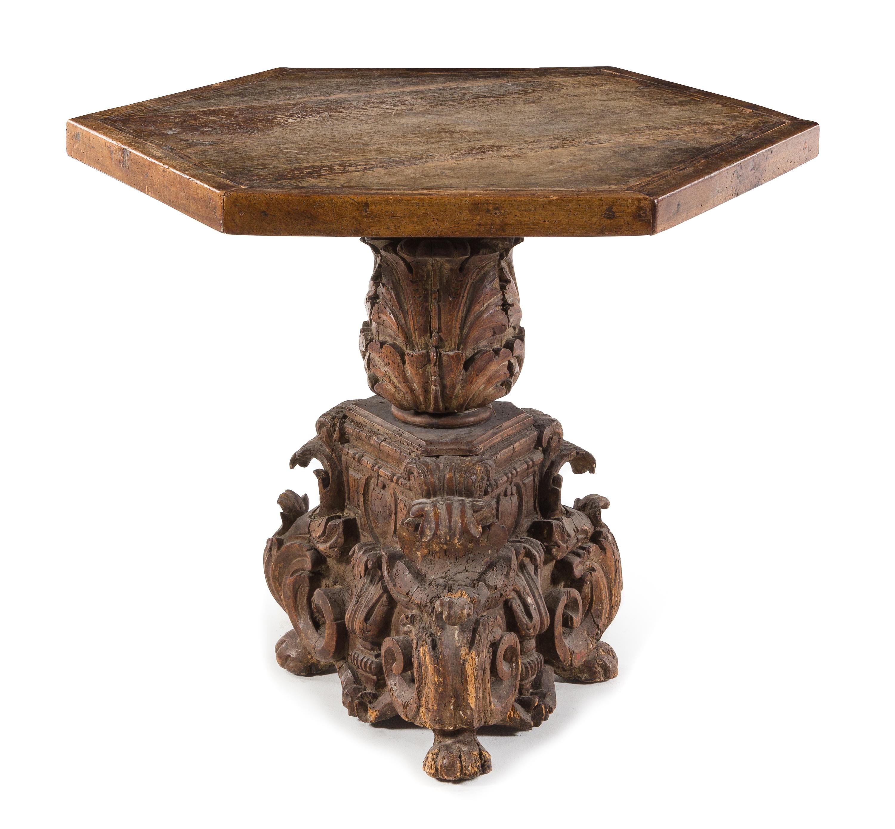 An Italian Baroque Carved Walnut Center Table Height 32 x width 34 1/8 x depth 34 1/8 inches. — 16TH CENTURY