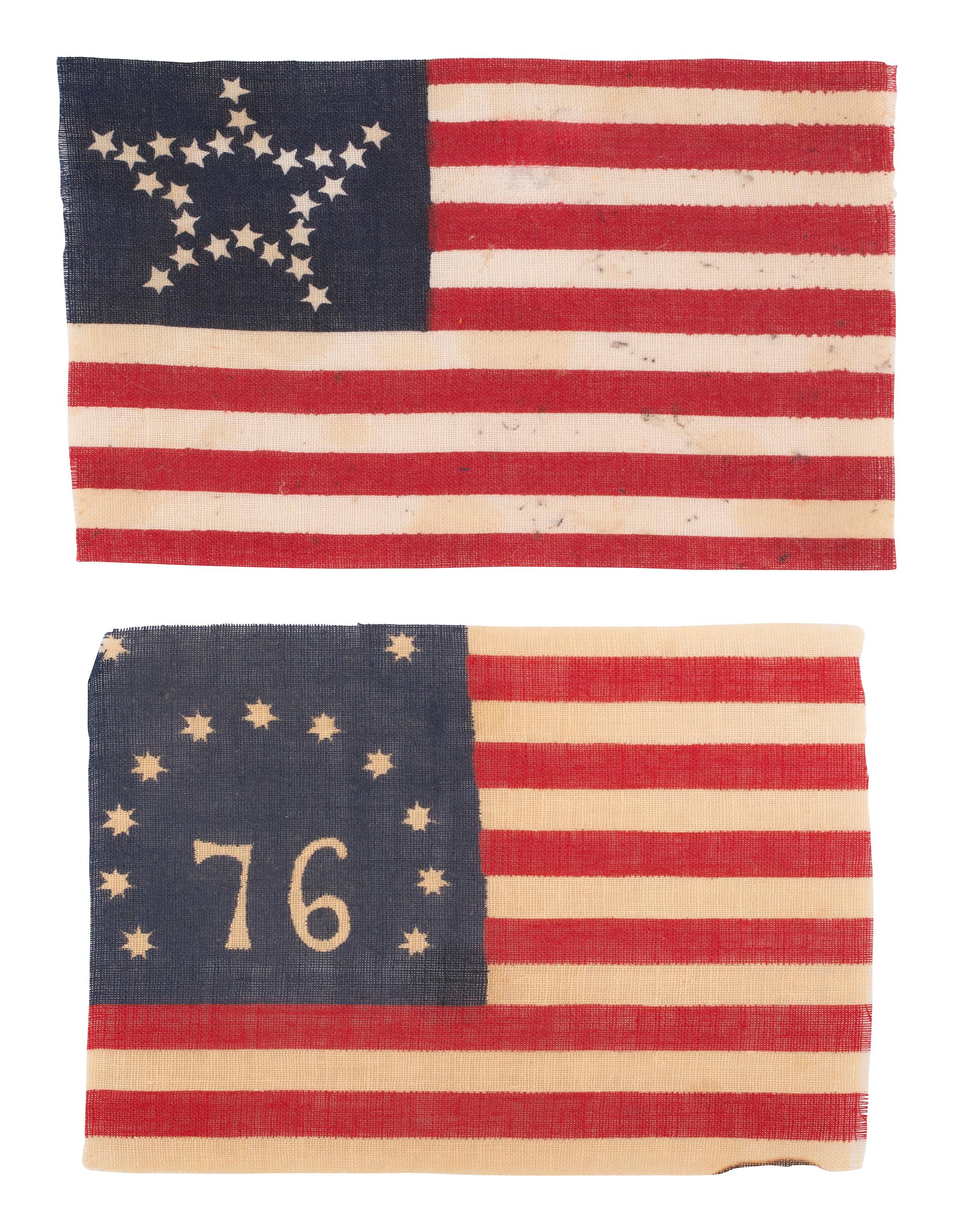 [FLAGS]. Two American parade flags, incl. 25-star and Bennington "76" flags.