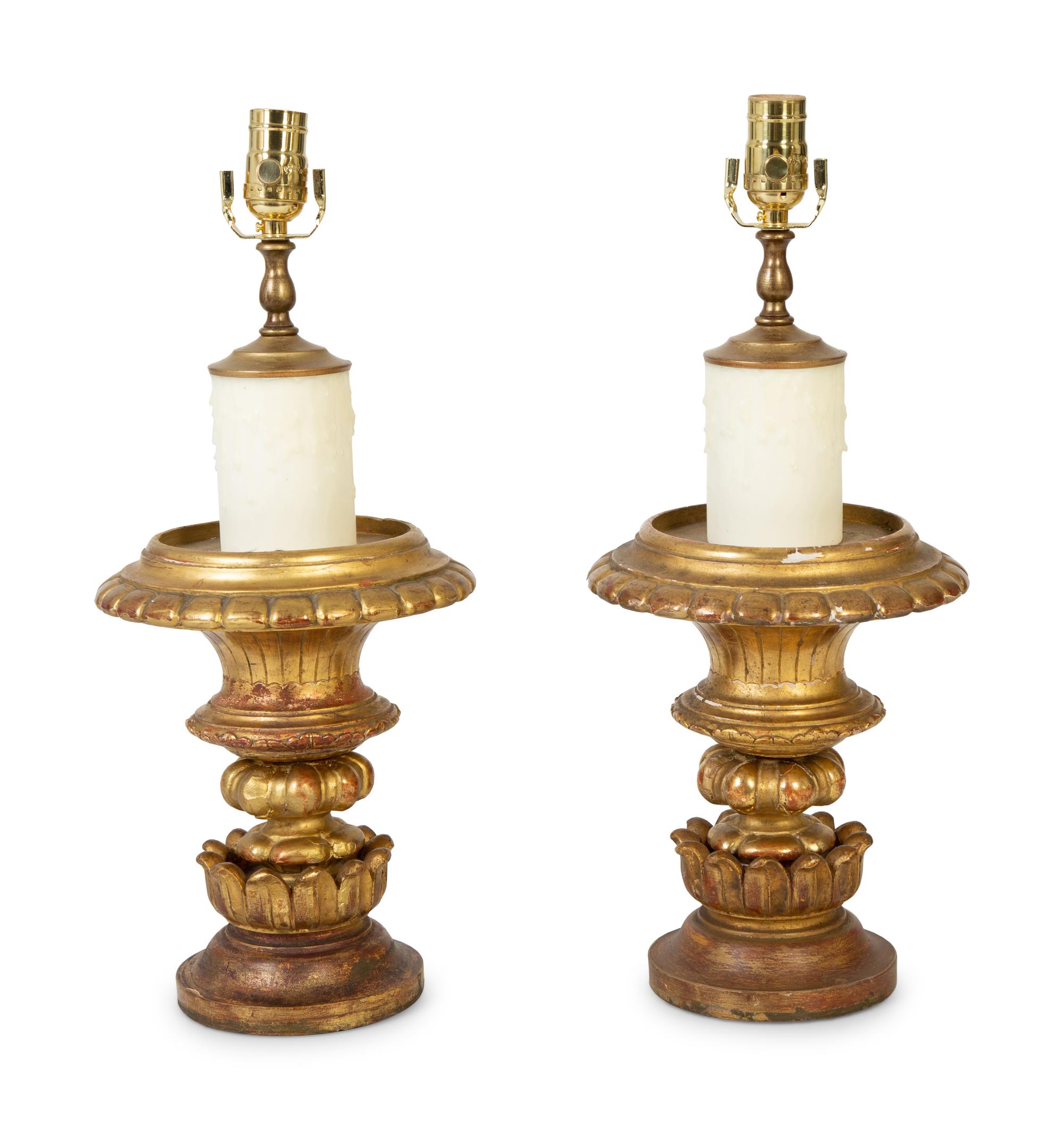 A Pair of Continental Giltwood and Gesso Turned Finials Mounted as Lamps — 19TH CENTURY