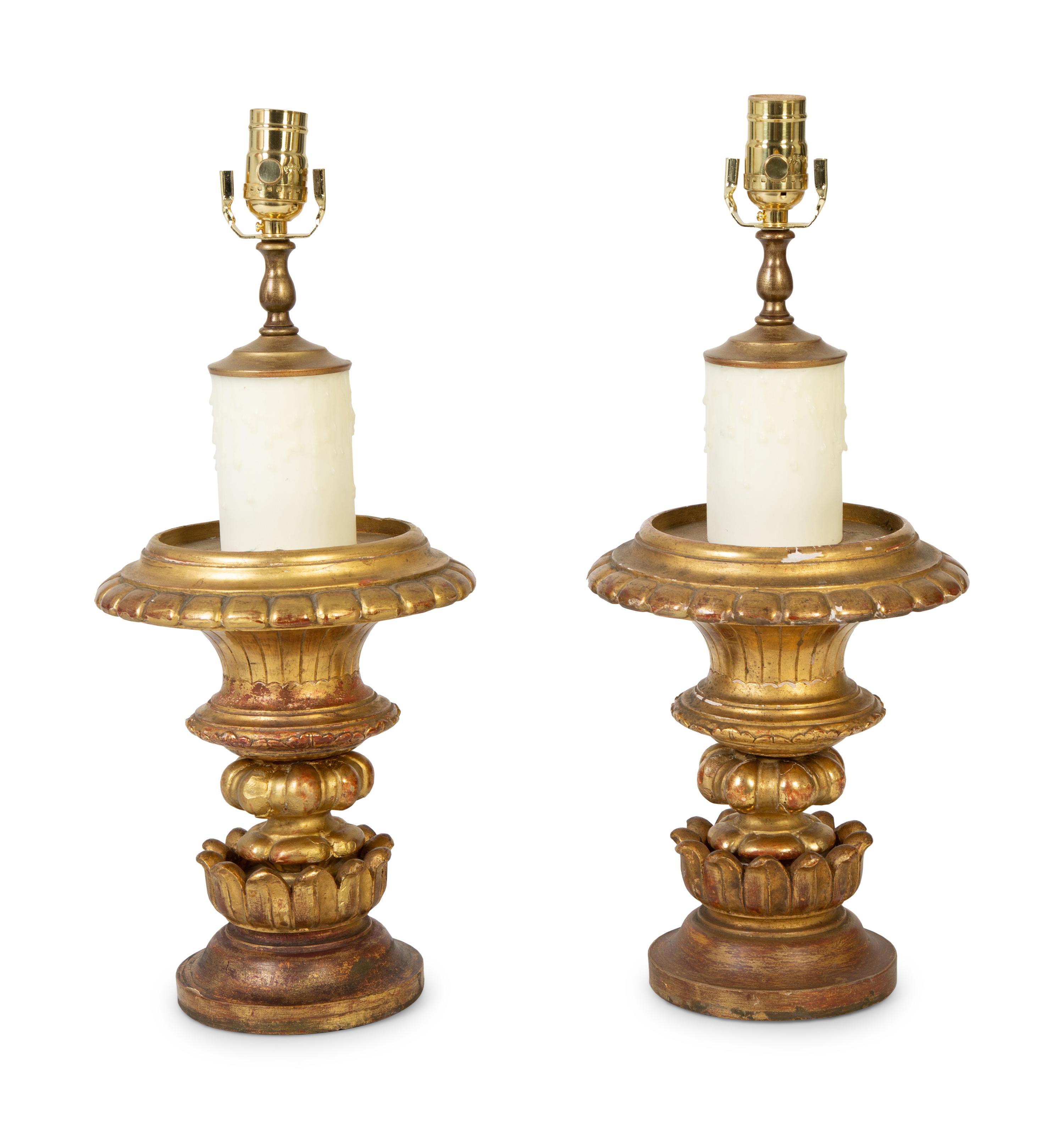 A Pair of Continental Giltwood and Gesso Turned Finials Mounted as Lamps — 19TH CENTURY