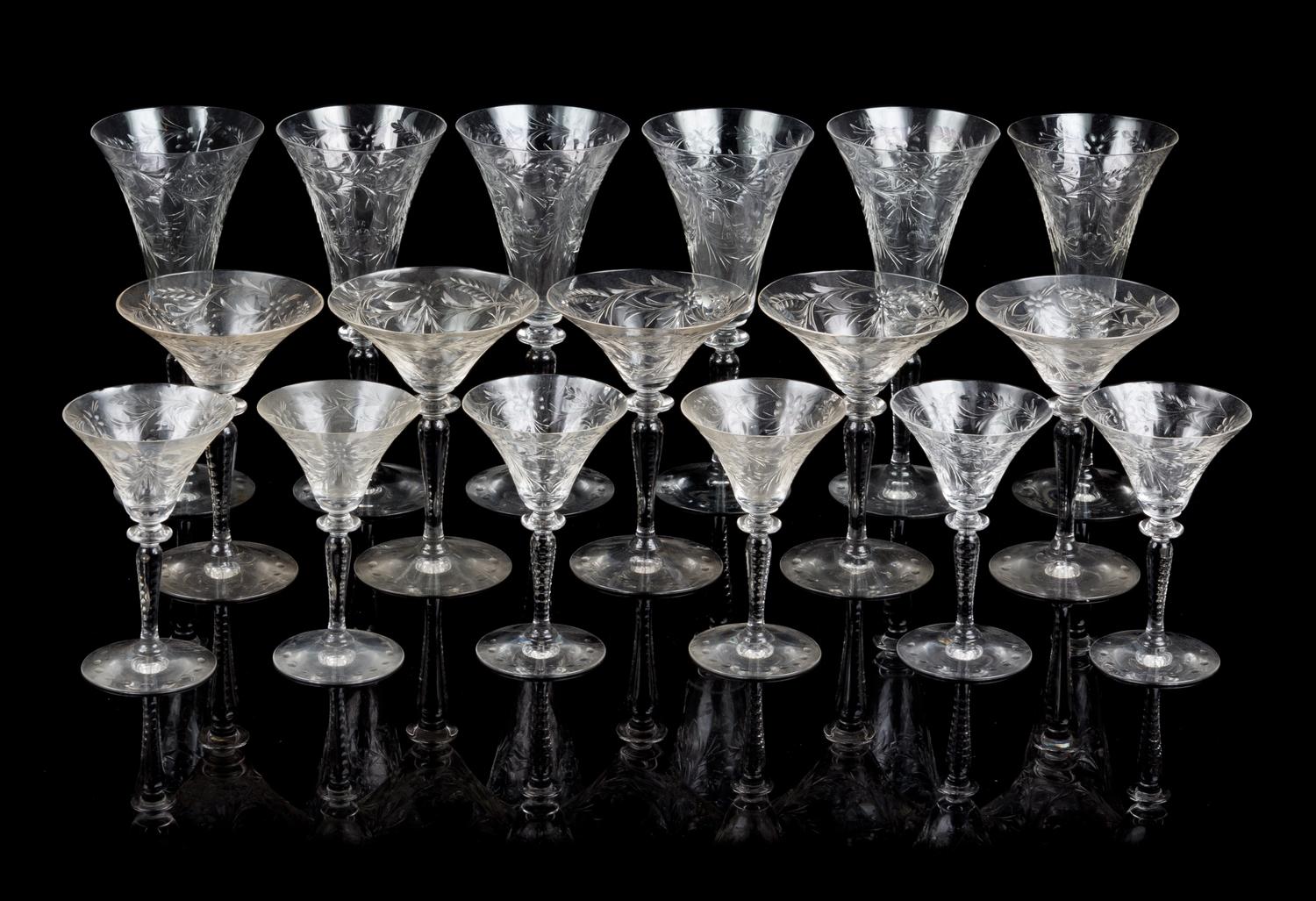 A Set of Etched Glass Stemware Height of tallest 8 1/2 inches.