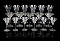 A Set of Etched Glass Stemware Height of tallest 8 1/2 inches.
