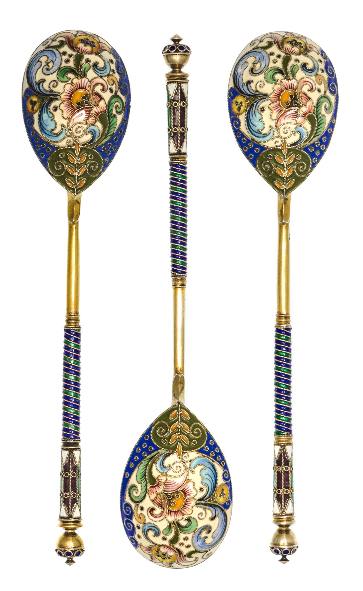 Three Russian Silver-Gilt and Enamel Teaspoons, Mark of Fedor Ruckert, Moscow, early 20th century, each having a blue enameled acorn fi