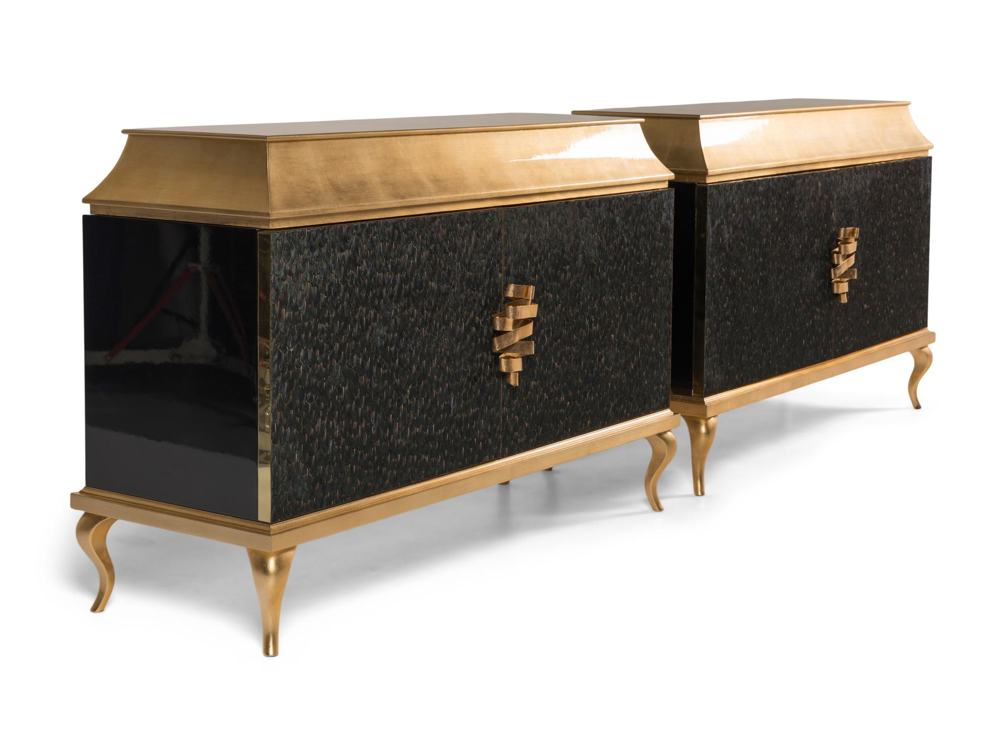 A Pair of Custom Koket Gilt Metal Mounted and Peacock Feather-Inset Giltwood Divine Cabinets