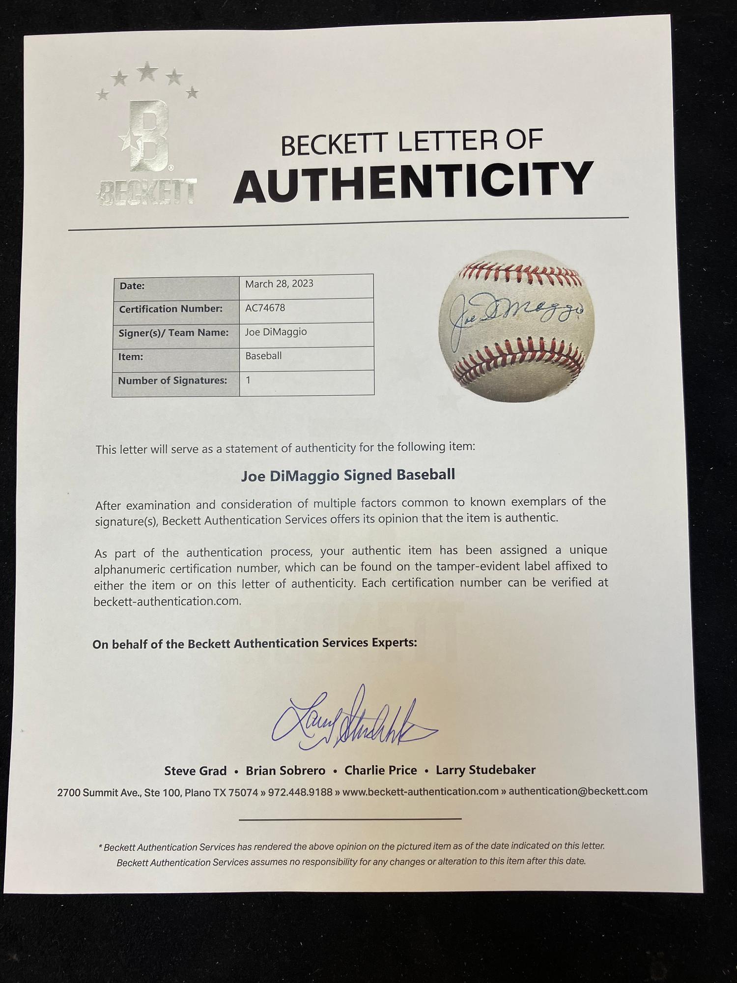 A Joe DiMaggio Single Signed Autograph Baseball (Beckett Authentication Services Letter),