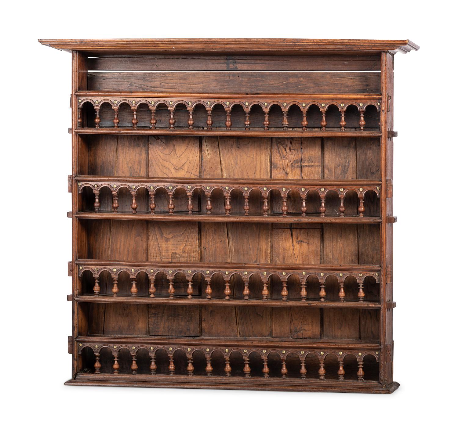 A Continental Brass Mounted Oak Hanging Plate Rack