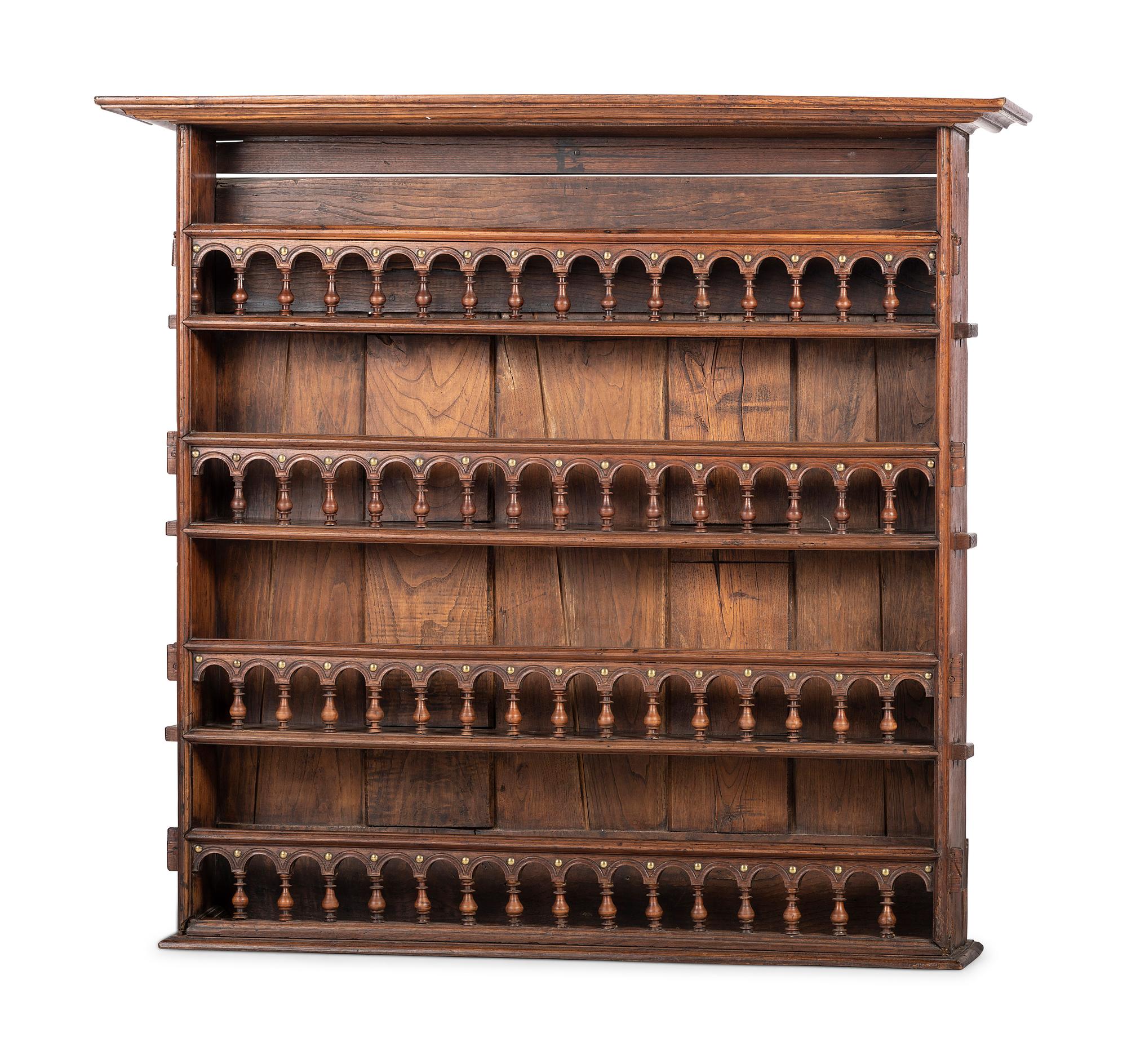 A Continental Brass Mounted Oak Hanging Plate Rack
