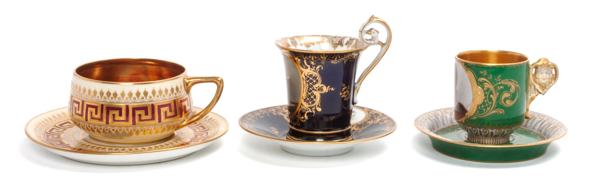 Three Continental Cabinet Cup and Saucer Sets Diameter of largest saucer 5 3/4 inches.