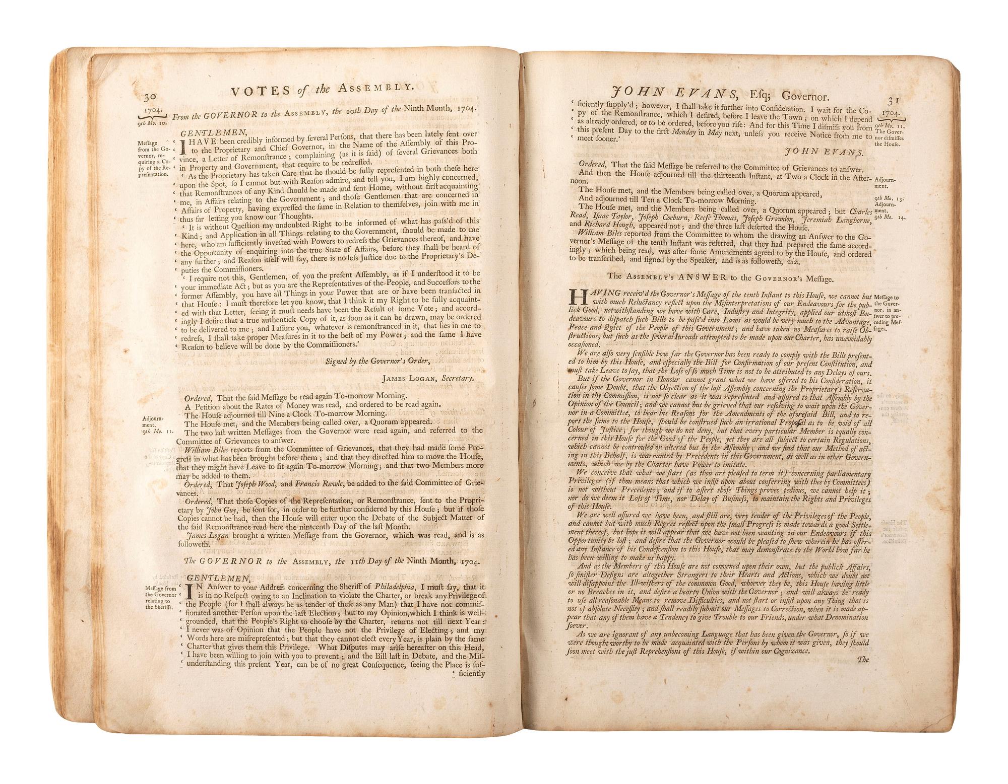 [BENJAMIN FRANKLIN IMPRINT]. [ Votes and Proceedings of the House of Representatives of the Province of Pennsylvania. Beginning the Fourth Day of December 1682 .] [Philadelphia]: [B. Franklin, and D. Hall], [1752]. Parts I and II.