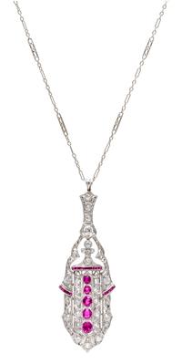 An Art Deco Platinum, Ruby and Diamond Pendant, 8.80 dwts.