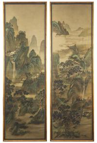 Attributed to Wang Yijen — Sages and Pavilions in a Mountainous Landscape with River