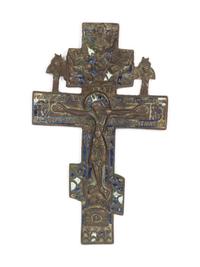 Three Russian Enamel Decorated Bronze Crosses